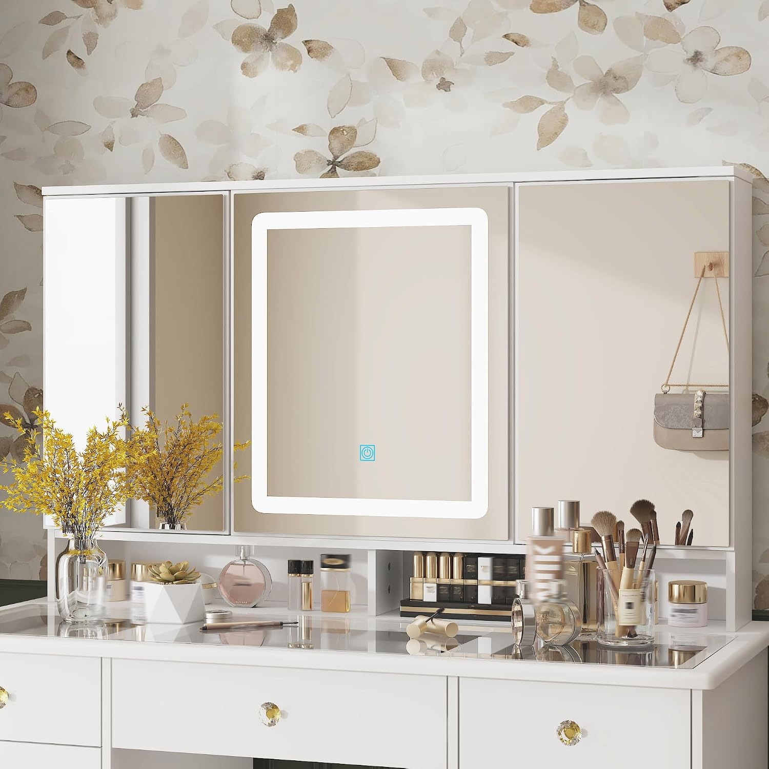 Timechee Vanity Mirror with Lights, Corner Vanity Desk with 9 Storage Drawers, 4 Large Shelves, 3 Color Lighting Options, Vanity Mirror Desk, Makeup Vanity Set for Bedroom,Glass Tabletop, White