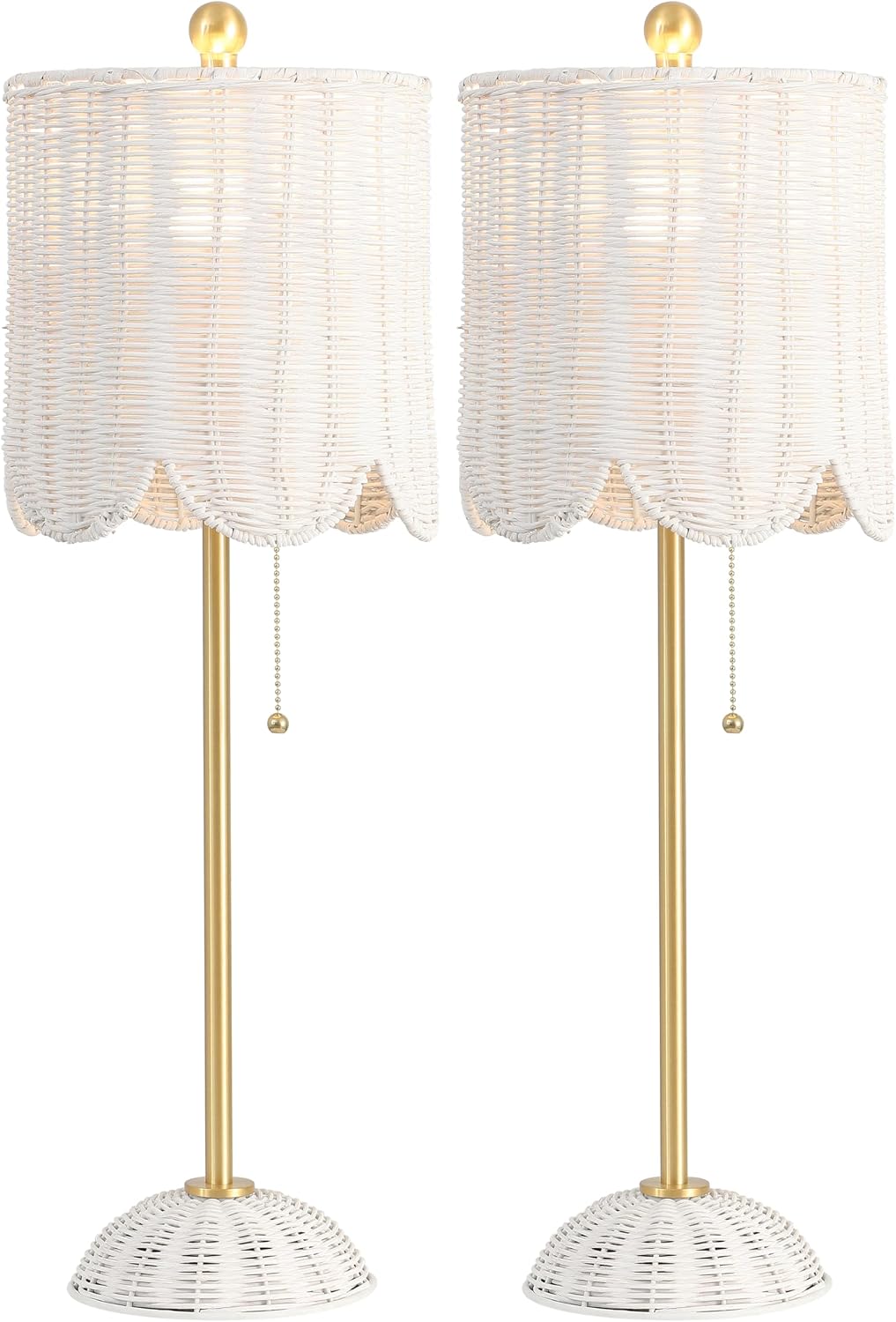 JONATHAN Y 27.5' White/Brass Gold Coastal Buffet Table Lamp Set of 2 for Bedroom, Boho Table Lamps with Natural Rattan Scalloped Shade, Pull Chain, LED Bulbs Included (JYL1138B-SET2)