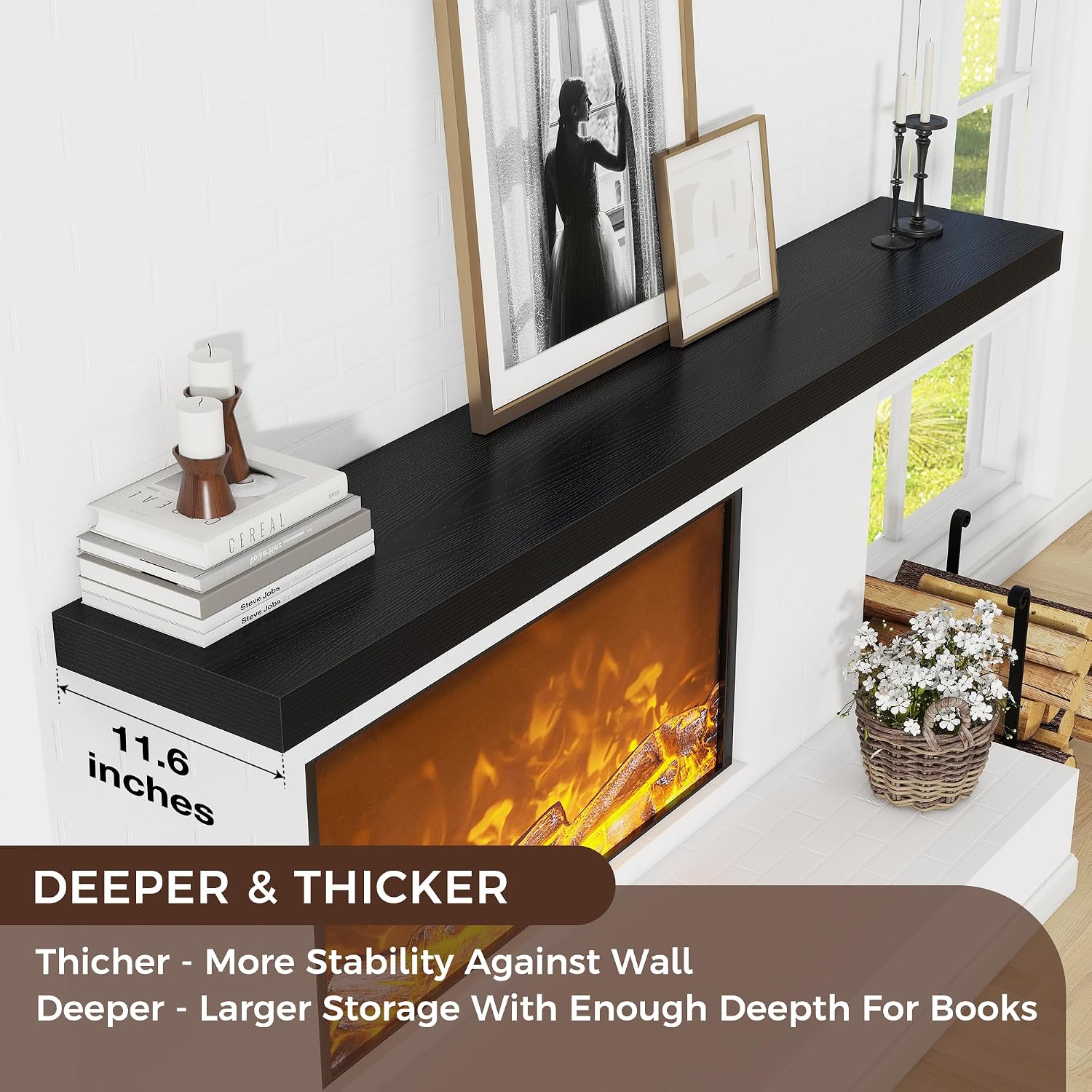 Venusmiles Floating Shelf for Wall 71 inch Long, Engineered Wood Large Wall Shelves with Invisible Brackets for Living Room Bedroom Bathroom Office Kitchen Decor and Storage, Black Finish, Set of 1