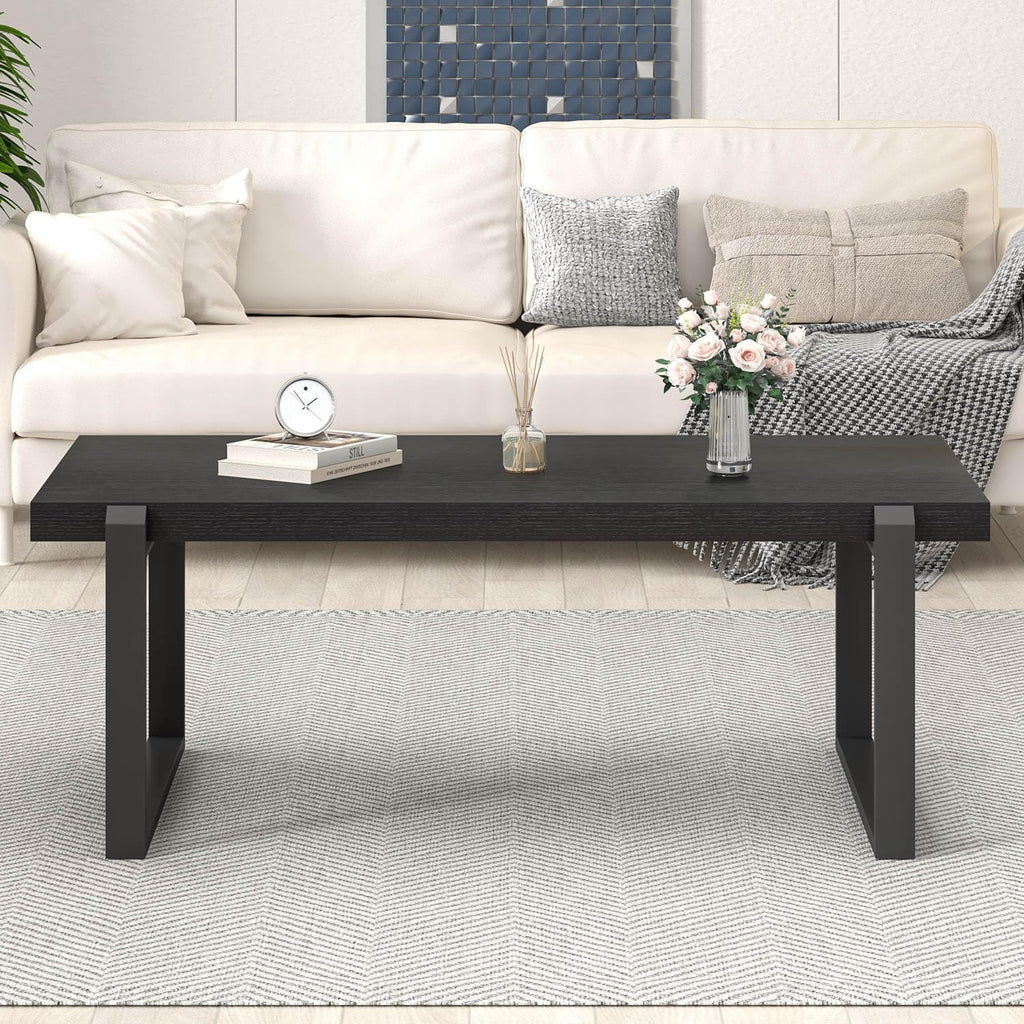 EXCEFUR Modern Black Coffee Table, Industrial Wooden and Metal Center Table for Living Room, Rectangle Cocktail Tea Table, Black Oak, 44 Inch