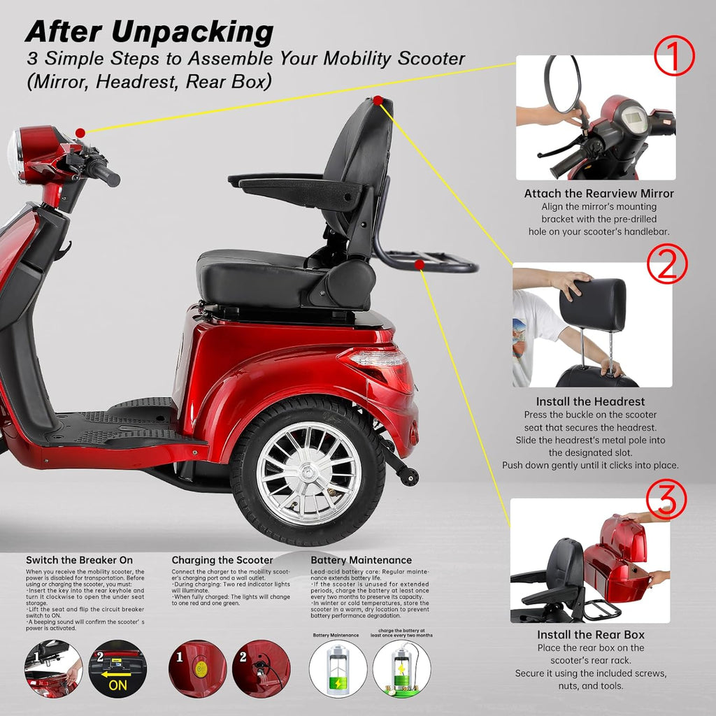 Heavy Duty 4 Wheel Mobility Scooters for Seniors & Adults 500lbs Capacity - Electric Powered Chair - 1000W All Terrain Fast Mobility Scooter for Travel w/Long Range Battery Remote Key