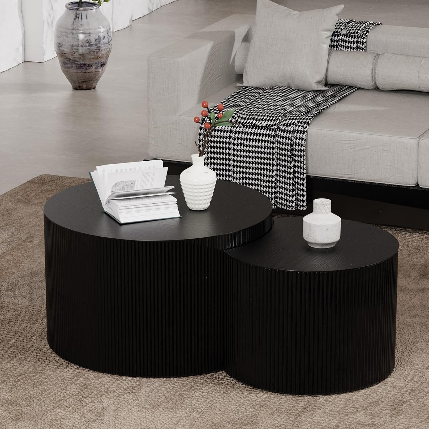 Round Wood Coffee Table Set of 2 Modern Circle Nesting Coffee Table Handcrafted Drum Nesting Table Nesting Coffee Tables for Living Room for Small Space (Black C (D27.56+D19.69 inch))