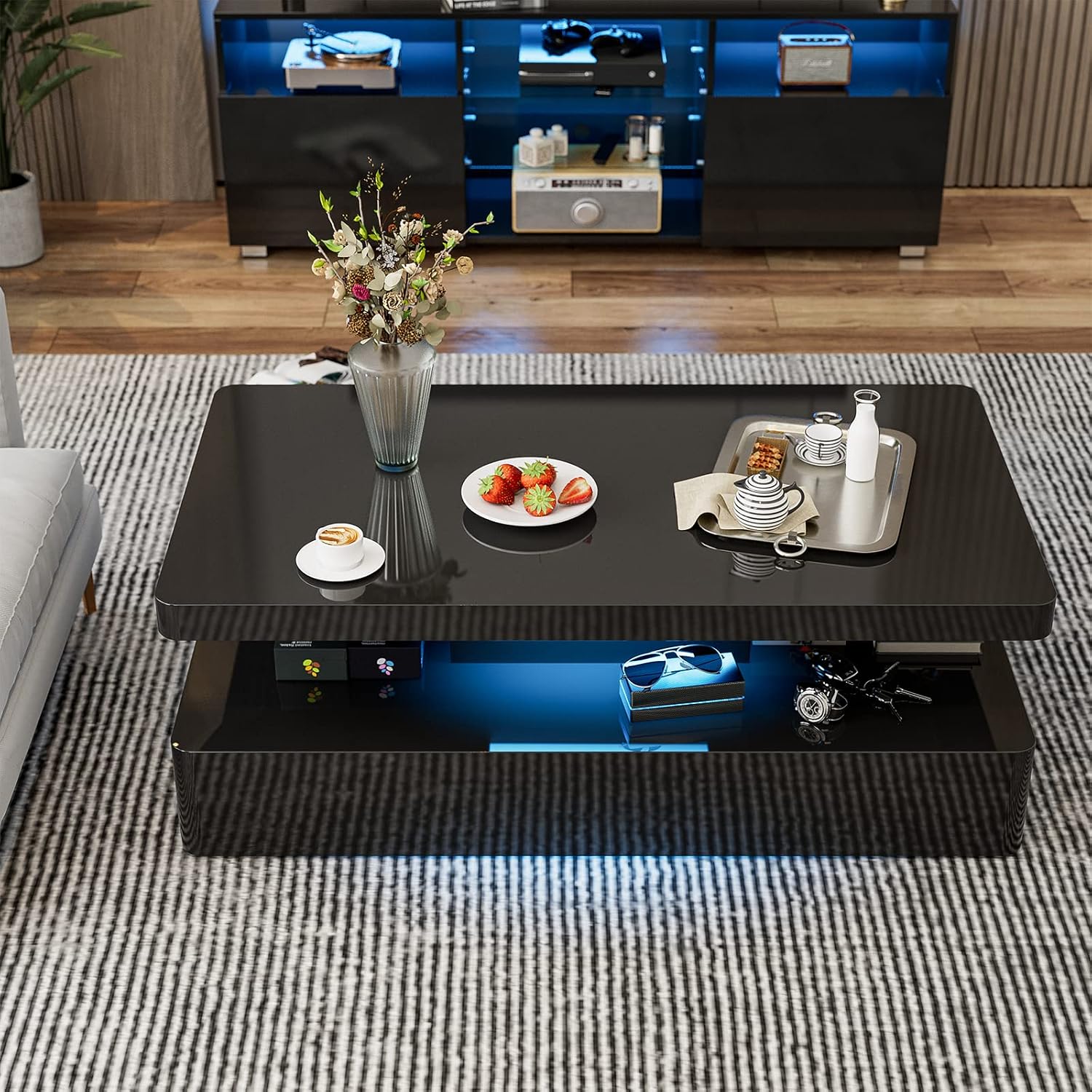 IKIFLY LED High Glossy Coffee Table, Modern Coffee Table for Living Room, 2 Tiers Rectangle Design Table with 16 Colors LED Lights Black