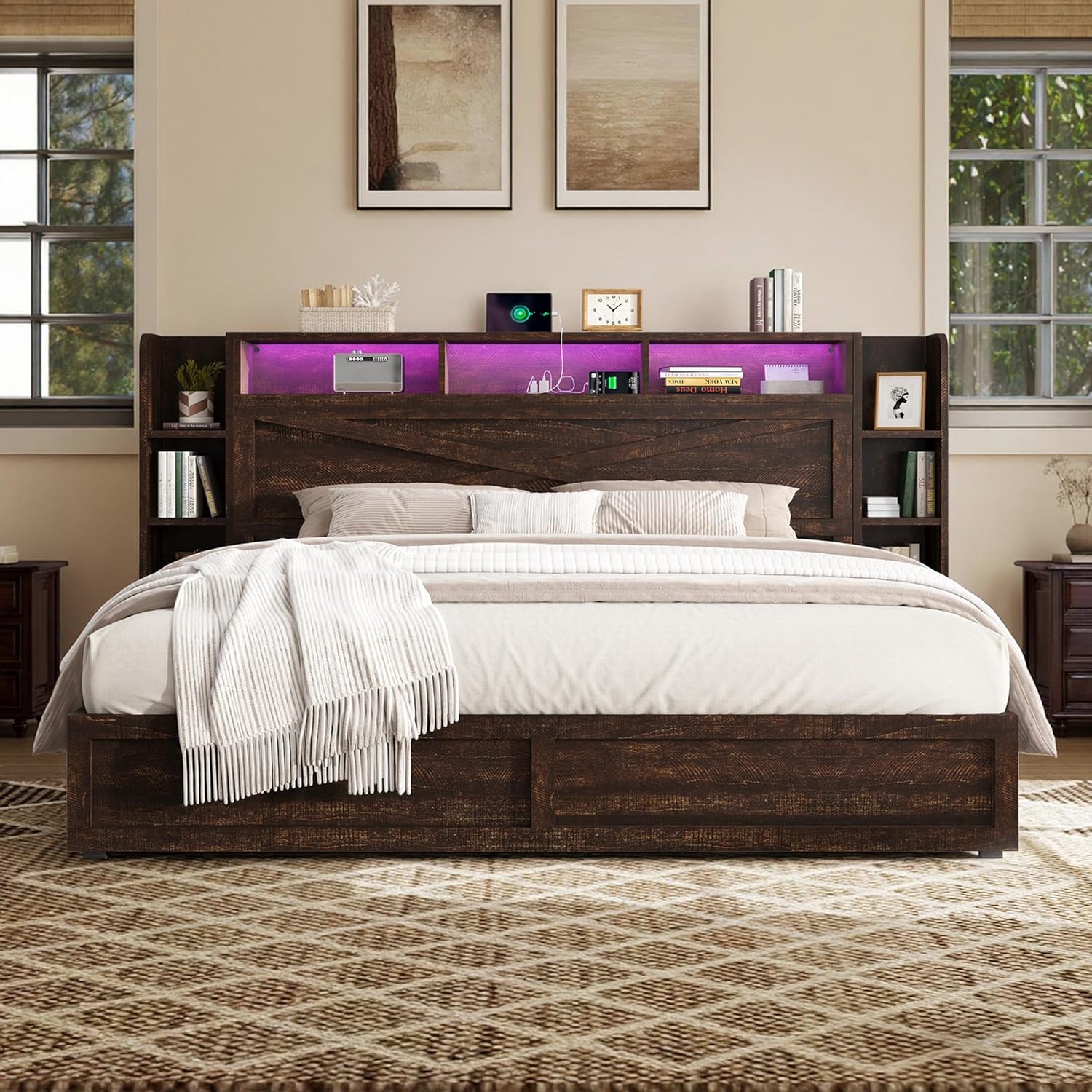AMERLIFE 45'' Farmhouse King Bed Frame with 4 Drawers, LED Bed Frame with Bookcase Headboard & Side Shelves, Wood Platform Bed with Charging Station, Walnut