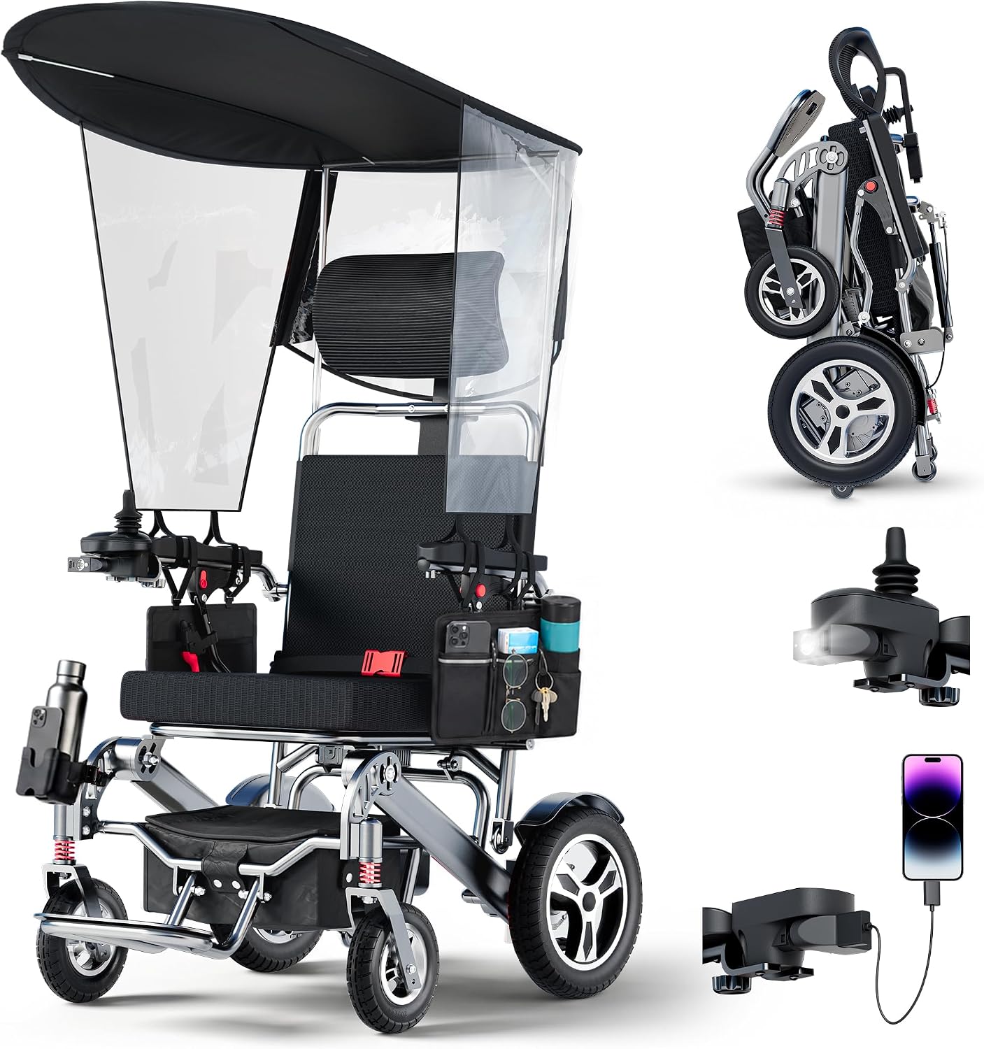 Foldable Lightweight Electric Wheelchairs for Adults, Portable Power Motorized Wheelchair with Detachable Canopy, 40 Miles Range, 600W Brushless Motors, Reclining Backrest, Led Light, 400 lbs Capacity