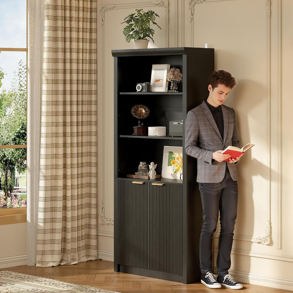 Tall Book Shelf and Bookcase, 31.5'Wide wooden Bookcase with Doors, Farmhouse Book Case with Large Storage, 5-Shelf Bookcases with Adjustable top Shelve for Home Office, Living Room, Black