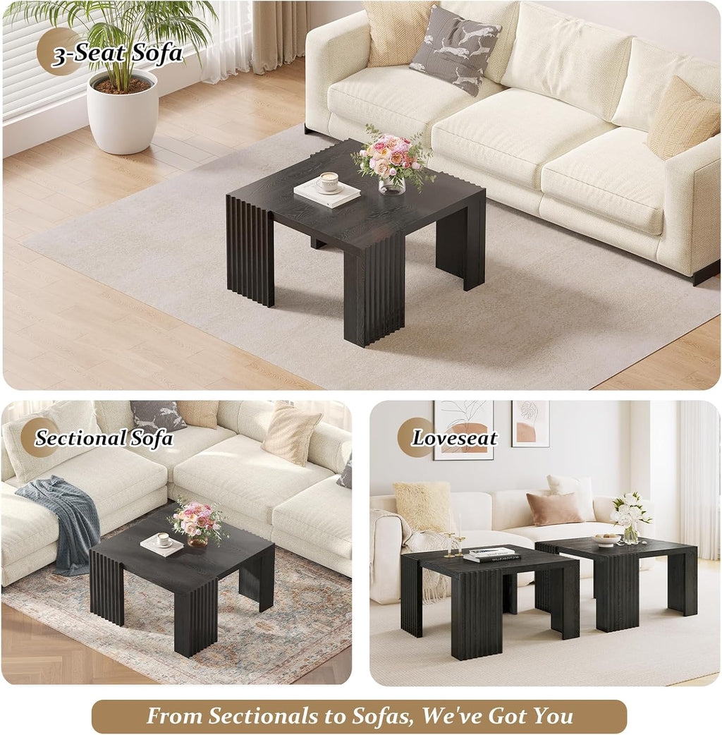 Luoxiao Black Square Fluted Coffee Table for Living Room, Minimalist Modern Accent Center Cocktail Table with 4 Sturdy Legs Wood Living Room Table for Small Space, 27.5-Inch, Easy Assembly