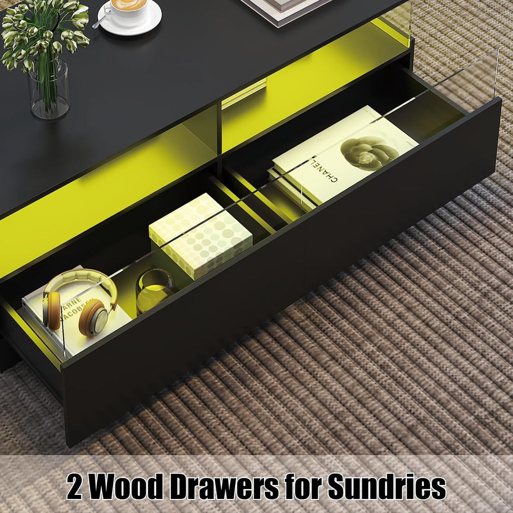 HedoAjim Rectangular Coffee Tables with Storages, Modern Black Coffee Table for Living Room, Rectangular Coffee Tables and 2 Spacious Drawers, Coffee Table with LED Light