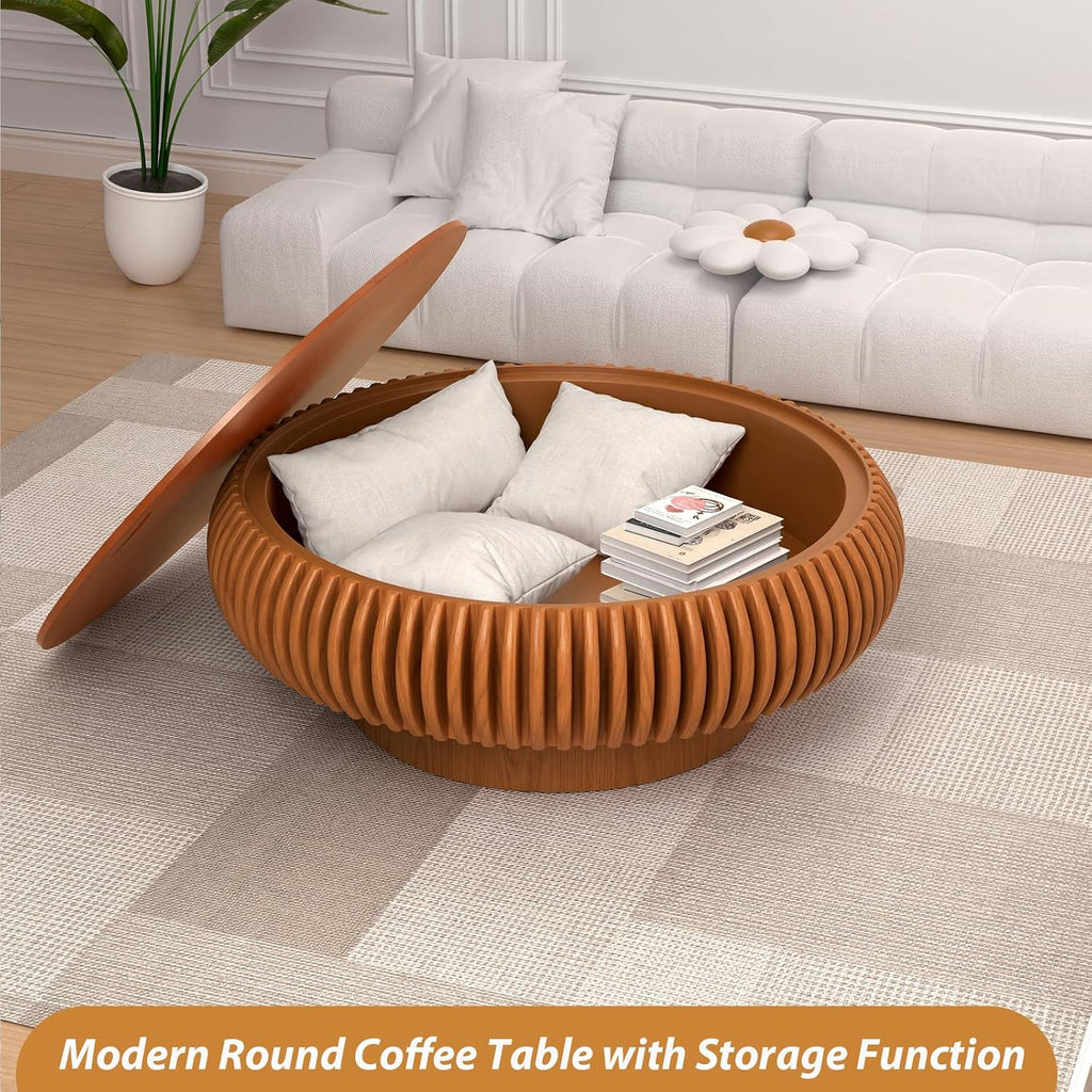 Drum Coffee Table with Hidden Storage, Modern Round Coffee Table for Living Room Circle Center Table with Solid Wood Fluted Veneered, Accent Tea Table for Small Space Apartment (Brown 39.37 inch)