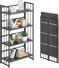 4NM No Assembly 4 Tiers Folding Bookshelf, 47.2' H Foldable Storage Shelves Vintage Bookcase Standing Racks Study Organizer Home Office - All Black