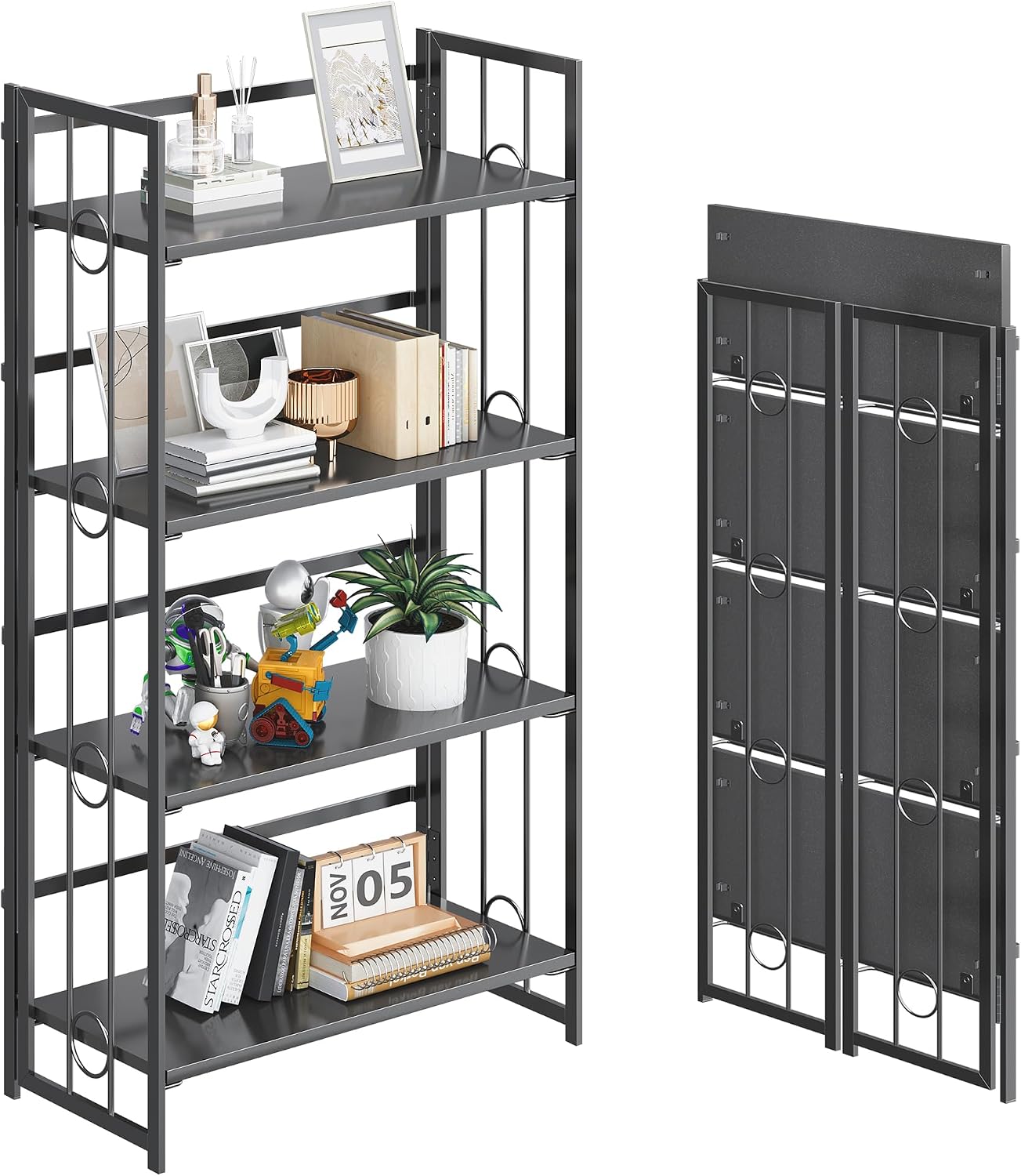 4NM No Assembly 4 Tiers Folding Bookshelf, 47.2' H Foldable Storage Shelves Vintage Bookcase Standing Racks Study Organizer Home Office - All Black