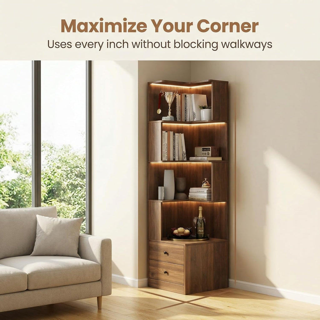4 Tier Corner Bookshelf with Drawers, L Shaped Freestanding Corner Bookcase with LED Lights and Baffle, Space Saving Display Shelf for Living Room, Bedroom, Home Office, Kitchen(Walnut)