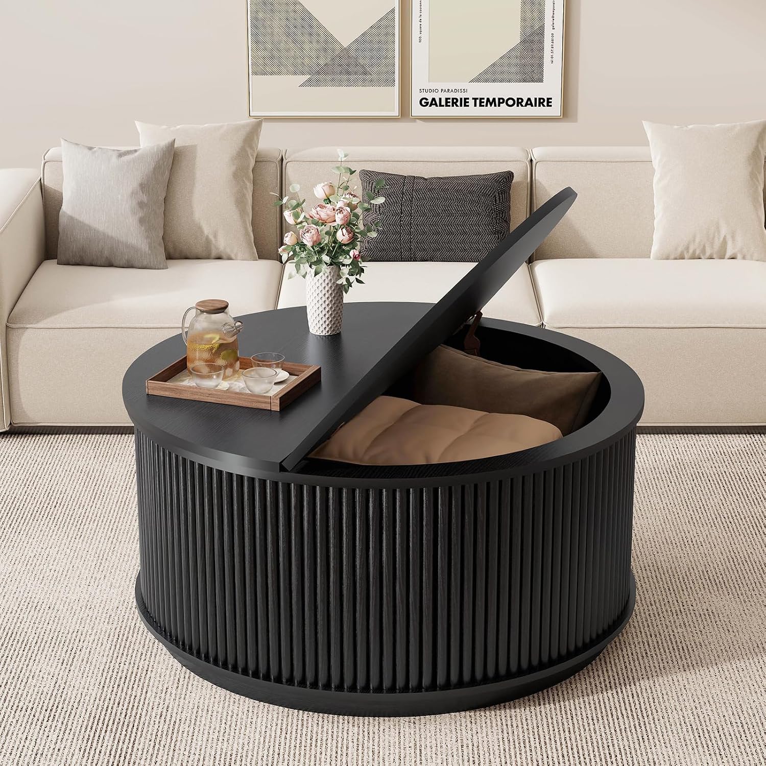 LYNCOHOME 31.5'' Fluted Flip Top Round Coffee Table with Storage, Drum Coffee Table, Modern Coffee Table for Living Room, Center Table for Living Room, Home Office, Black