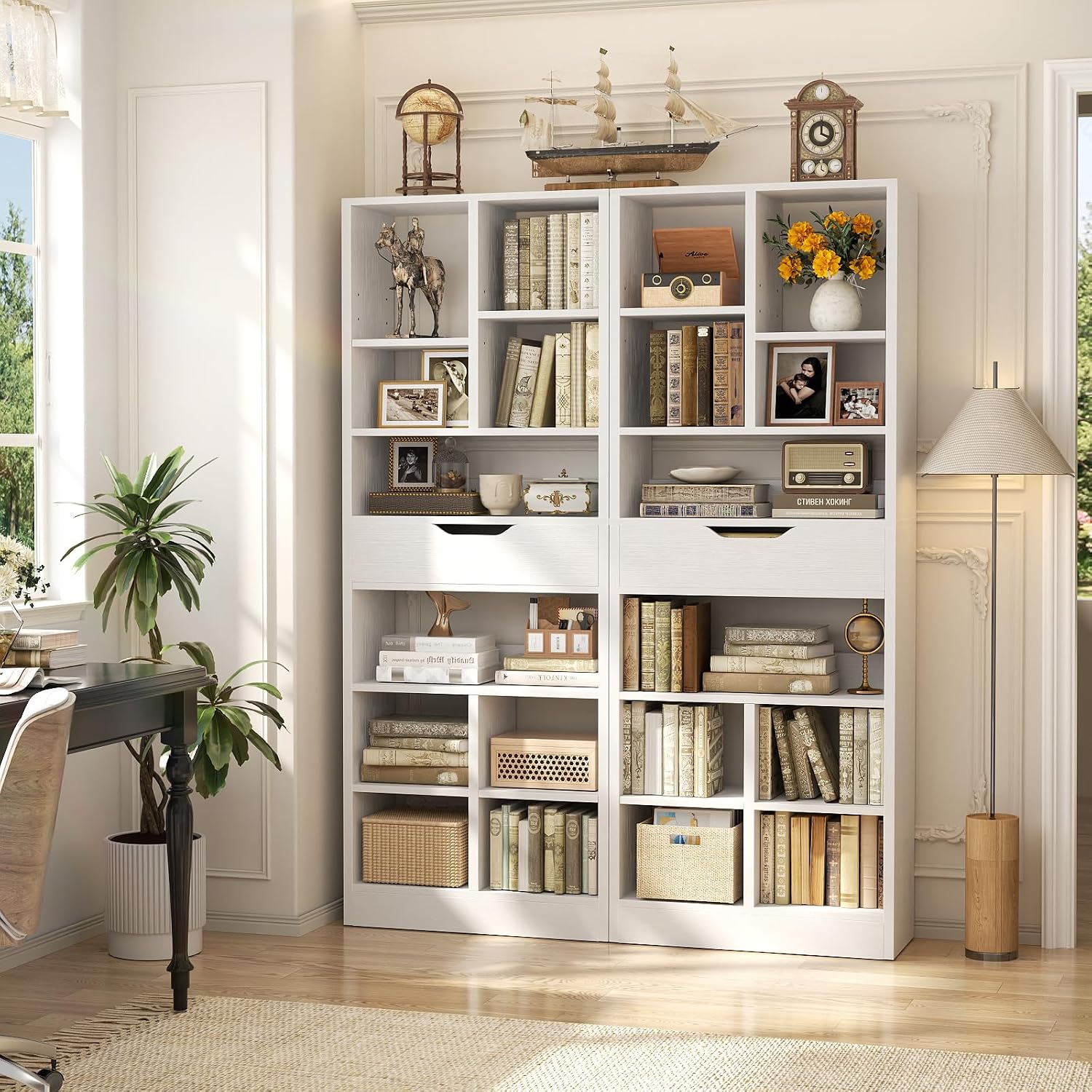 Armocity 16-Tier Tall Bookshelf Set of 2, 73.6' Narrow Freestanding Bookcase with 2 Drawers, Space-Saving Wood Display Shelves Storage for Living Room, Home Office Bedroom, White