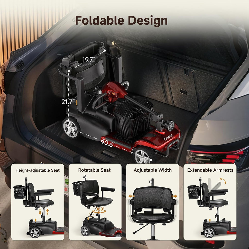 iScooter 20Miles Mobility Scooter, Up to 300LBS 4 Wheels Electric Mobility Scooter for Seniors & Adults, Electric Wheelchair with Removable Battery, Dual Baskets, Crutch Holder, USB Port, Long Range
