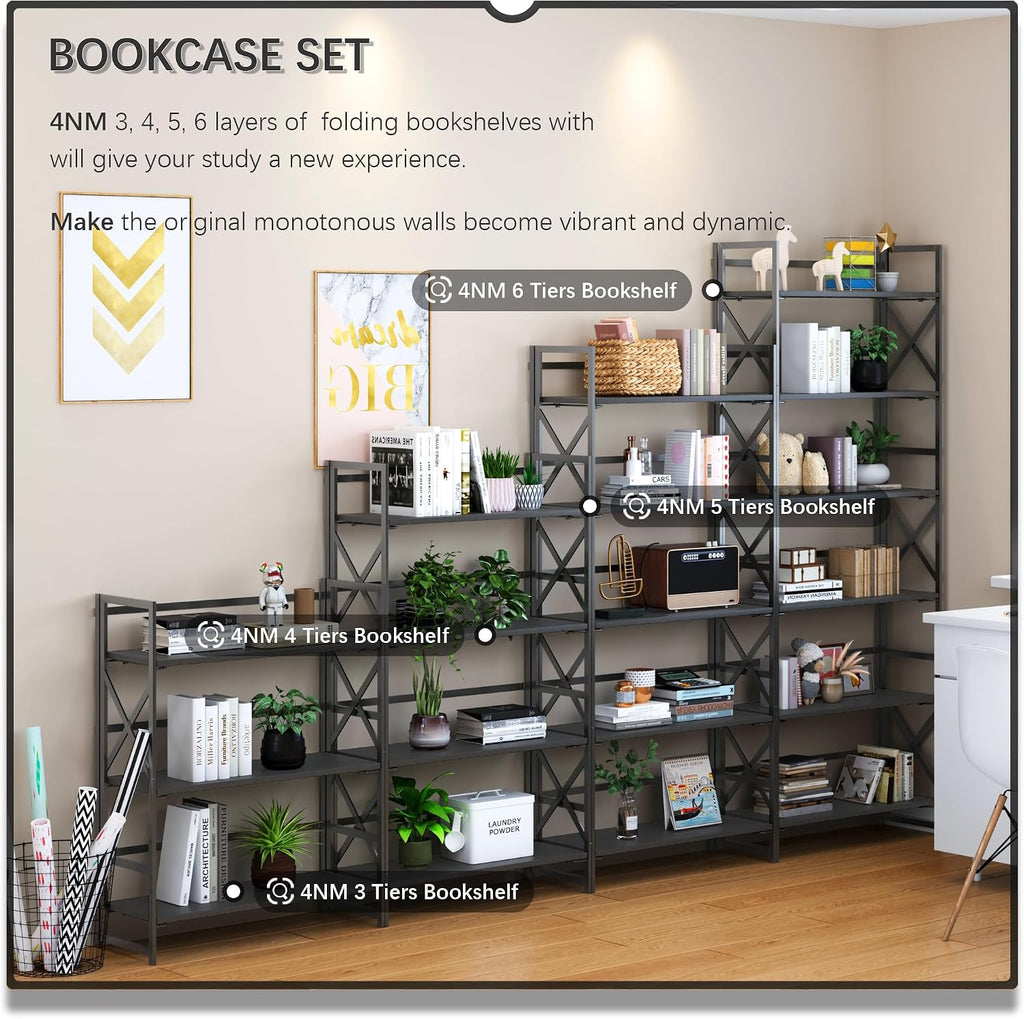 4NM 6 Tiers No Assembly Book Shelves, 61.8' H Folding Bookshelf Bookcase Open Industrial Foldable Shelves for Bedroom, Living Room, Home Office - All Black