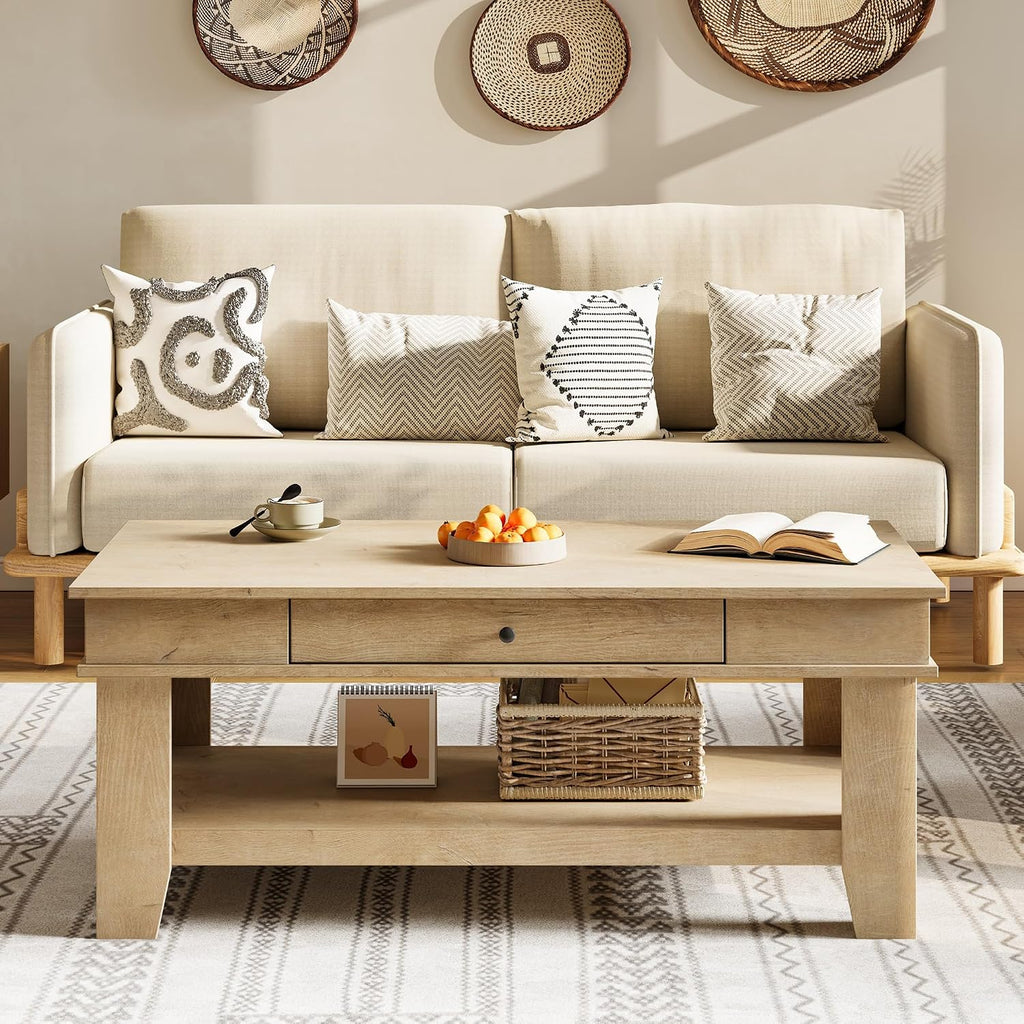 Takywep Rectangular Coffee Table with Drawer and Open Shelf, Long Center Table for Living Room, Rustic Finish, Stable Four Leg Structure, Easy to Clean Surface, Heavy Duty Storage Design, Light Wood