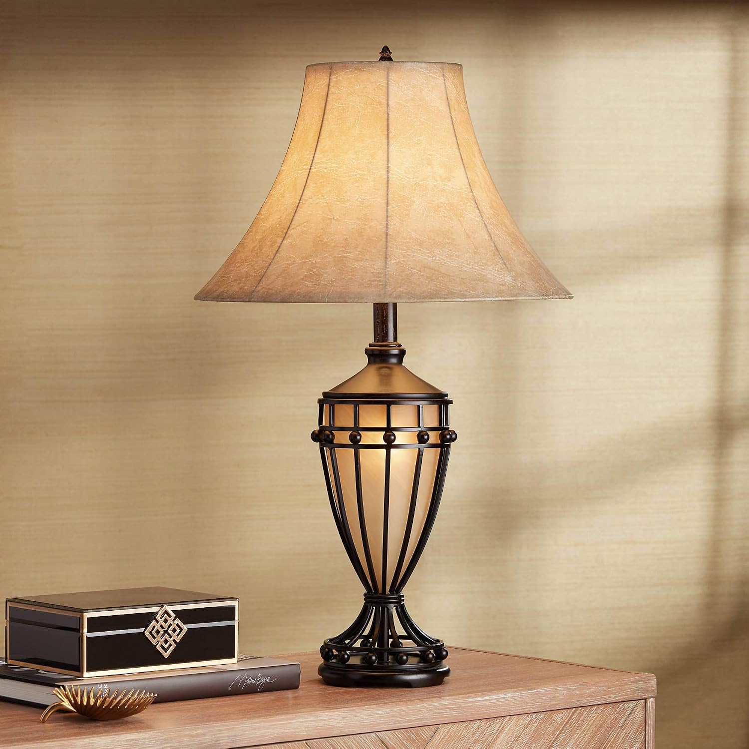 Franklin Iron Works Cardiff Traditional Table Lamp 33' Tall with Night Light Brushed Iron Cage Champagne Urn Glass Beige Bell Flared Shade for Bedroom Living Room House Bedside Nightstand Office