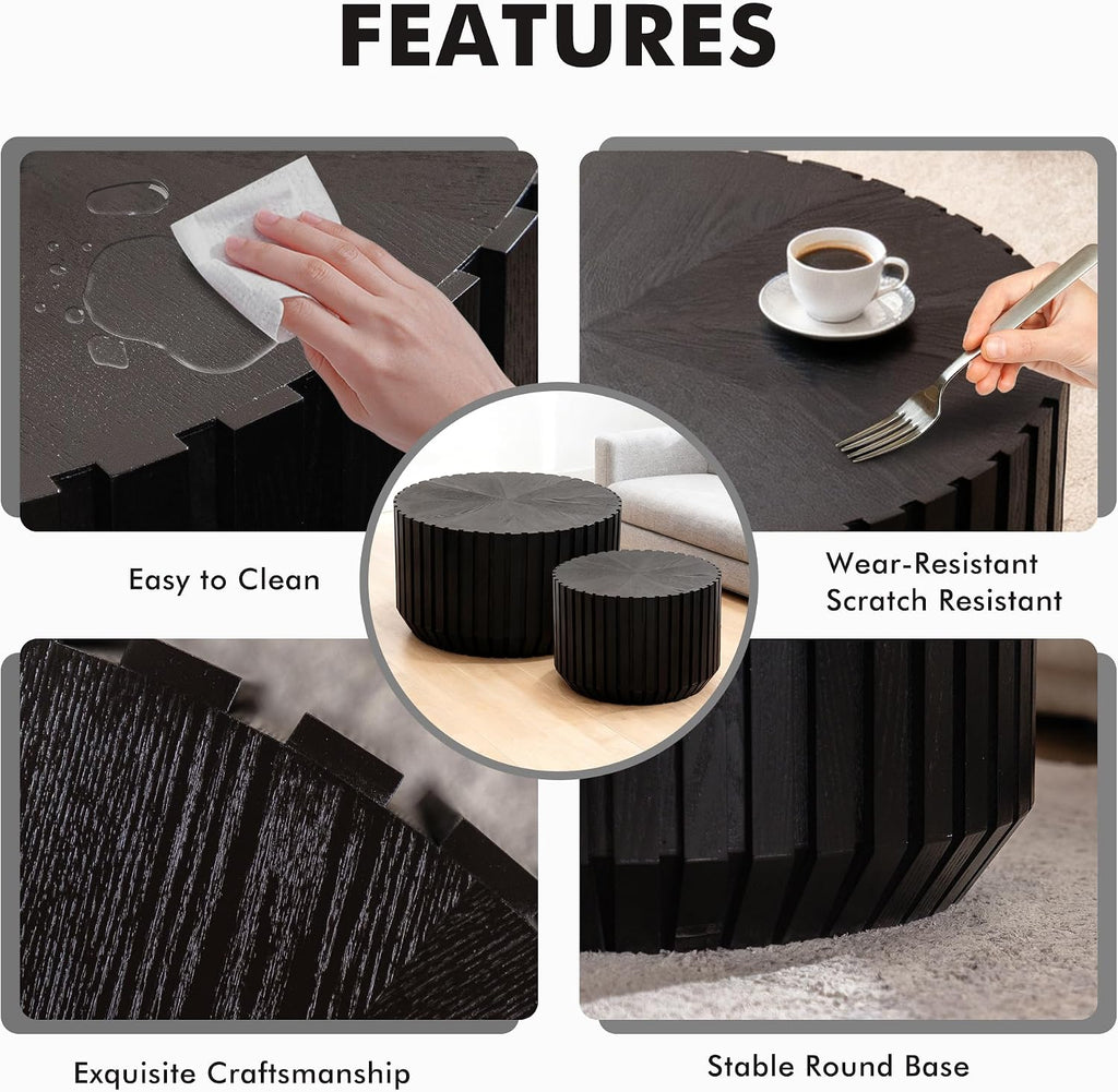 Black Round Nesting Tables for Living Room, Set of 2, Nesting Coffee Table Wooden Fluted Coffee Table, Modern Small Circle Center Tabel End Side Table for Farmhouse Apartment Office