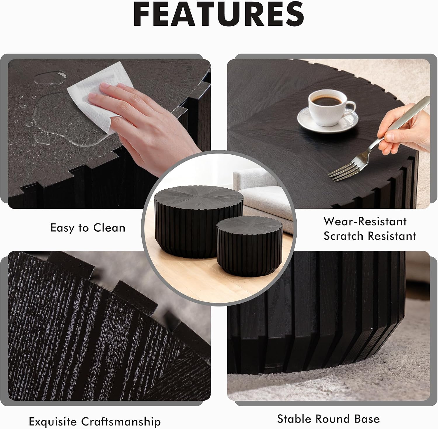 Black Round Nesting Tables for Living Room, Set of 2, Nesting Coffee Table Wooden Fluted Coffee Table, Modern Small Circle Center Tabel End Side Table for Farmhouse Apartment Office