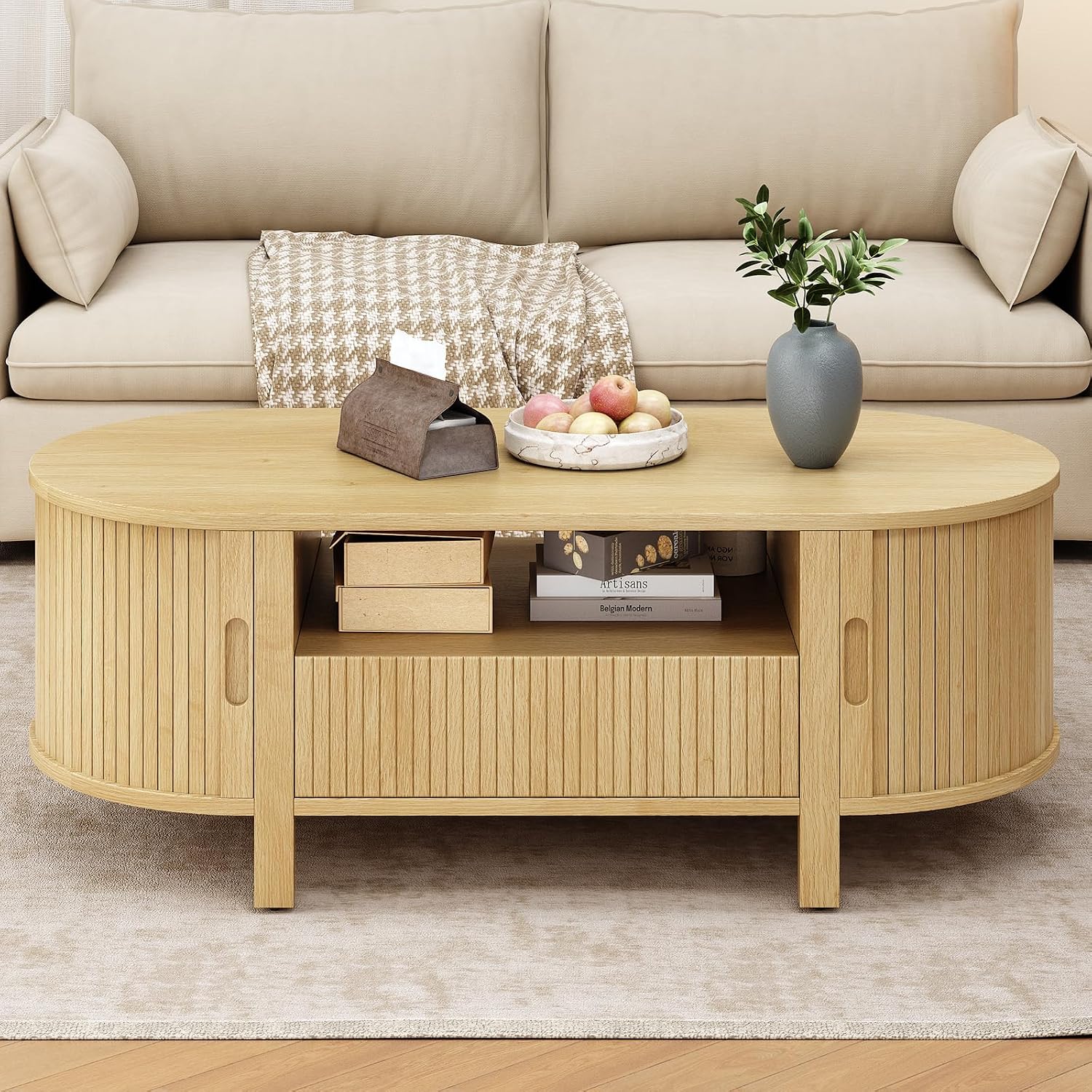 ONBRILL 47.2 Inch Oval Coffee Table with Storage, Mid Century Modern Coffee Table with Drawer, Center Table with Sliding Door and Wood Fluted Handle for Living Room, Oak