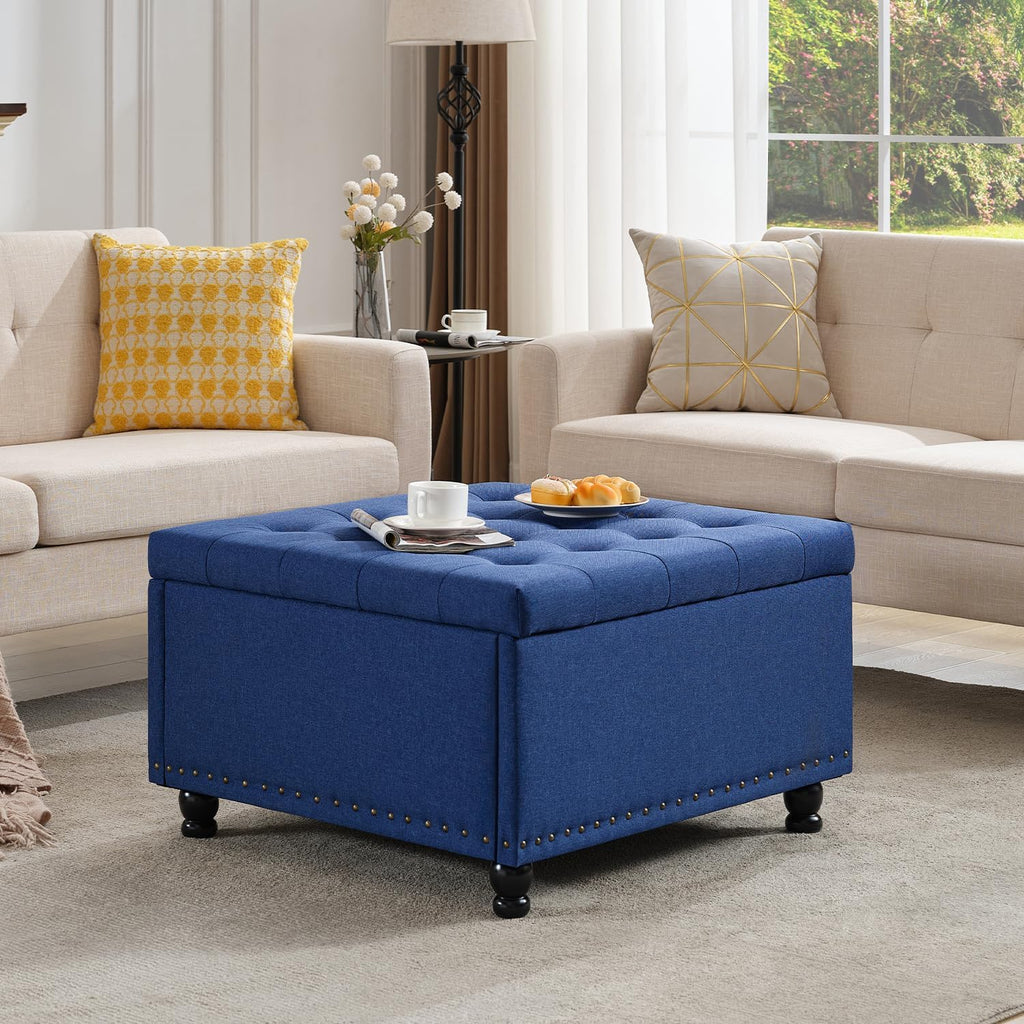 Tbfit 30' Large Square Ottoman Coffee Table with Storage, Oversized Tufted Upholstered Ottomans Bench with Solid Wood Legs for Living Room, Dorm, Leather Foot Stool for Couch Sofa Toy Box, Blue