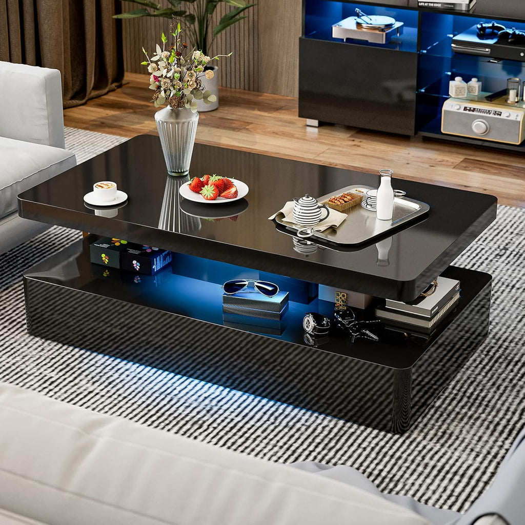 IKIFLY LED High Glossy Coffee Table, Modern Coffee Table for Living Room, 2 Tiers Rectangle Design Table with 16 Colors LED Lights Black