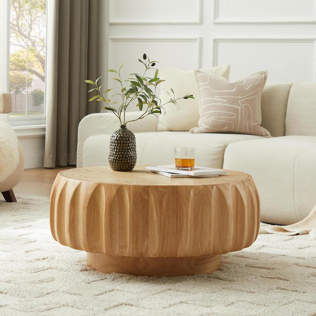 31.5'' Walnut Round Wood Coffee Table for Living Room, Modern Contemporary Circle Fluted Drum Pedestal Coffee Table, Natural Wood Grain & Easy Assembly, Natural