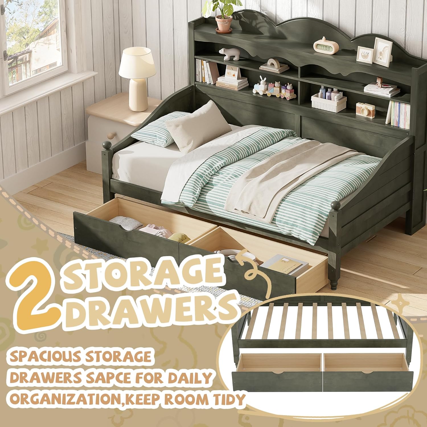 Harper & Bright Designs Corner Bed Frame Twin with Bookcase Headboard and Storage Drawers,Wood Day Bed Frame for Kids Teens,Antique Grey