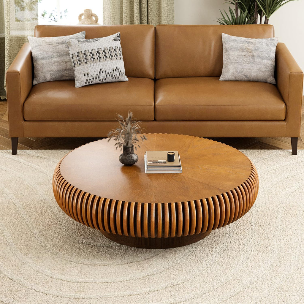 39.3' Drum Coffee Table Modern Unique Fluted Tea Table Contemporary Wood Round Coffee Table with Fluted Centry Table for Living Room Walnut (39.3' Brown)