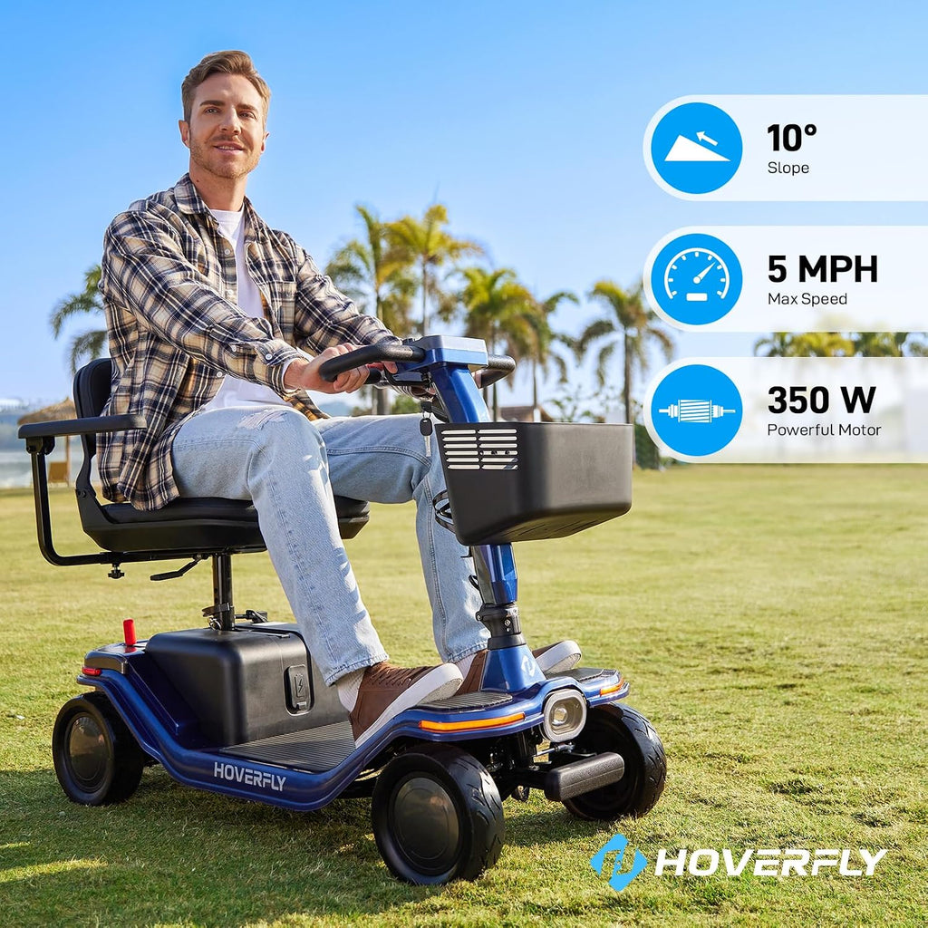 Hoverfly T5 Mobility Scooter for Seniors, Max 16.8-Mile Range & 5 mph, 3-Position Seat & Anti-slip Rear Wheel, Removed Battery & Quick Fold Design, Solid 9' Tire&330 lb Capacity, Ease of Assembly Blue