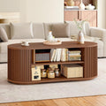ONBRILL 47' Multi-Functional Coffee Table with Storage, Oval Coffee Table with Vertical Striped Sliding Door & Round Base, Mid-Century Modern Center Table with Adjustable Shelf for Living Room, Walnut