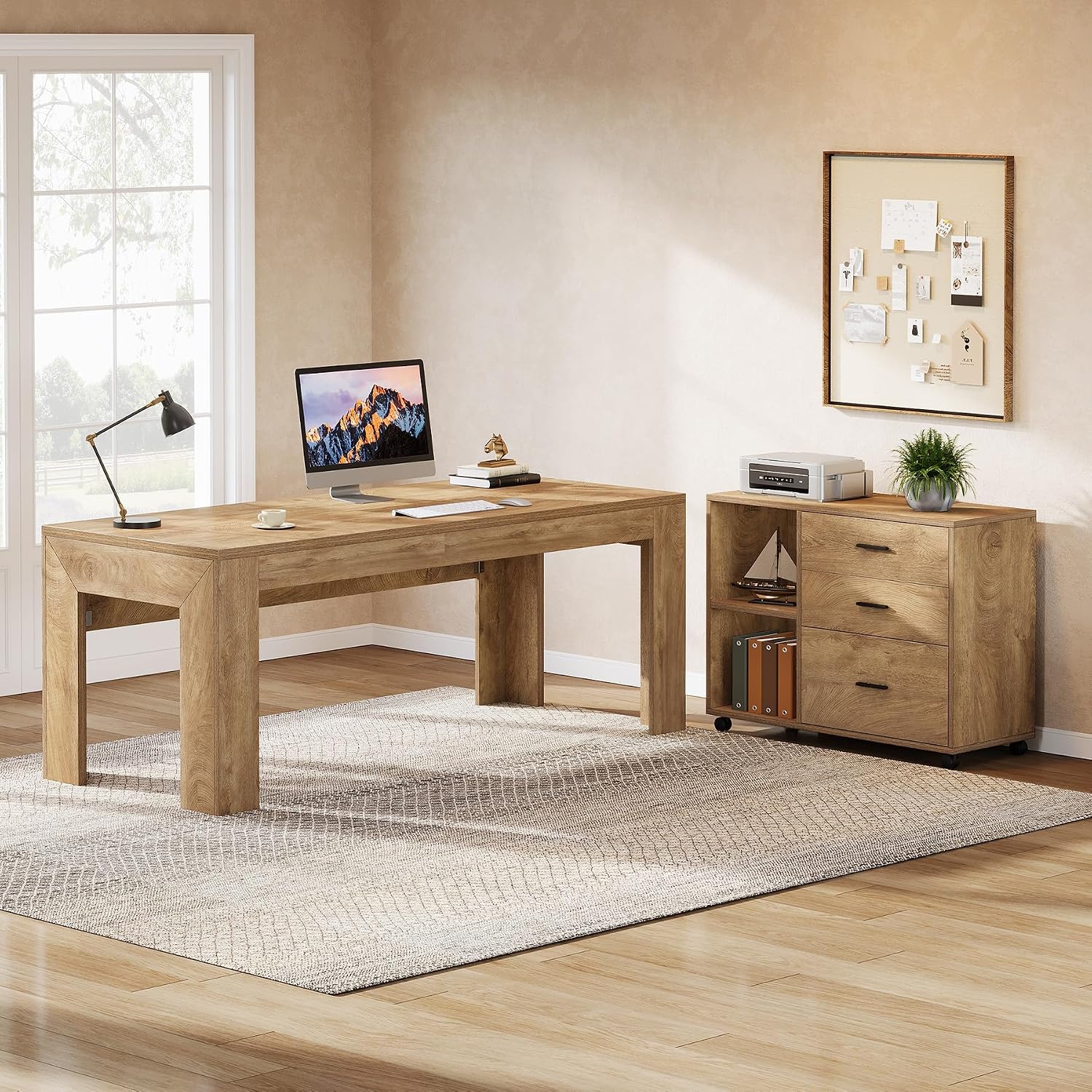 Tribesigns 63' L Shaped Desk with Storage, Executive Office Desk with Rolling File Cabinet Combo, Large Computer Table with Drawers and Shelves, Business Furniture Set for Home Office, Brown