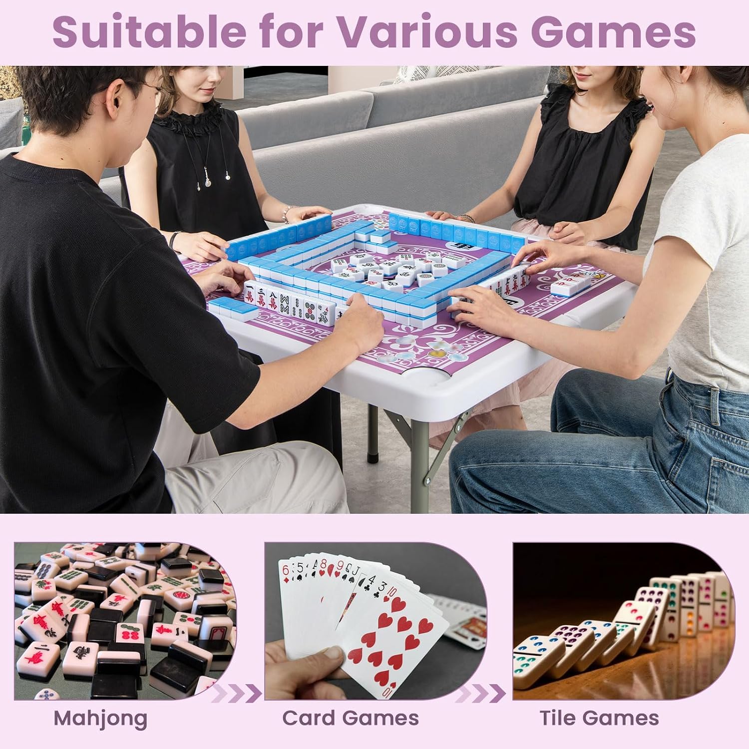 Goplus Mahjong Table, 35' Square Folding Card Table w/4Cup Holders, Anti Slip Mat, HDPE Tabletop, Metal Legs, Portable Mahjong Game Table for Domino Game, Picnic (Pink, Table w/Removable Mat)