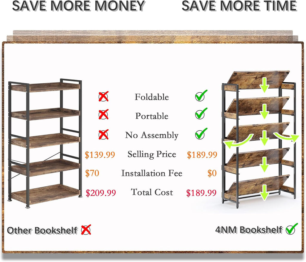 4NM Extra Wdie No Assembly Folding Bookshelf, 64.3' H x 30.9' W, 5 Tier Collapsible Book Shelf Bookcase Foldable Shelves for Bedroom Living Room Home Office - Rustic Brown & Black