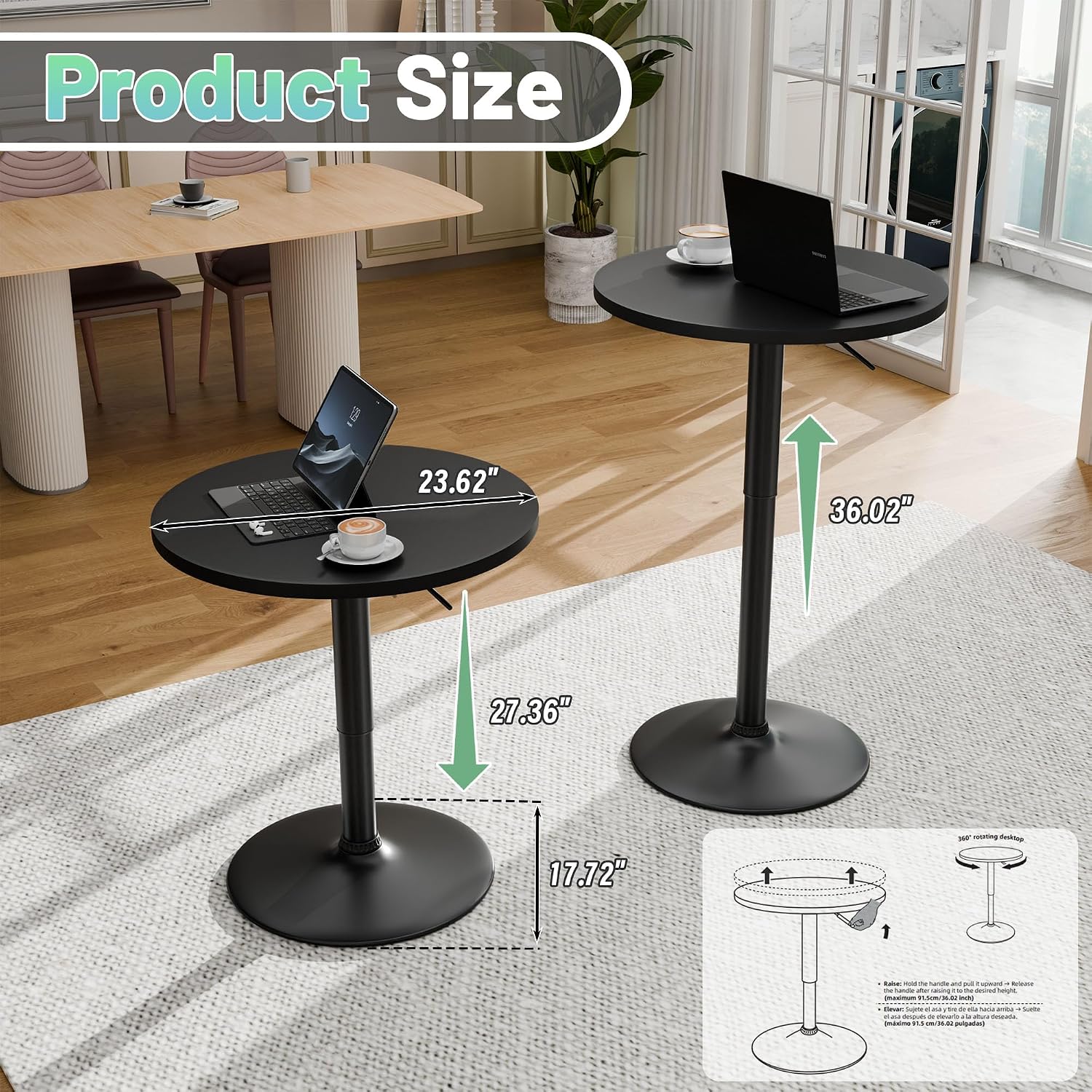 Furmax Bistro Pub Table Height Adjustable Round Bar Table 27.4-36 Inches, 360°Swivel Cocktail Table for Dining Room, Party, Café (4, Black)
