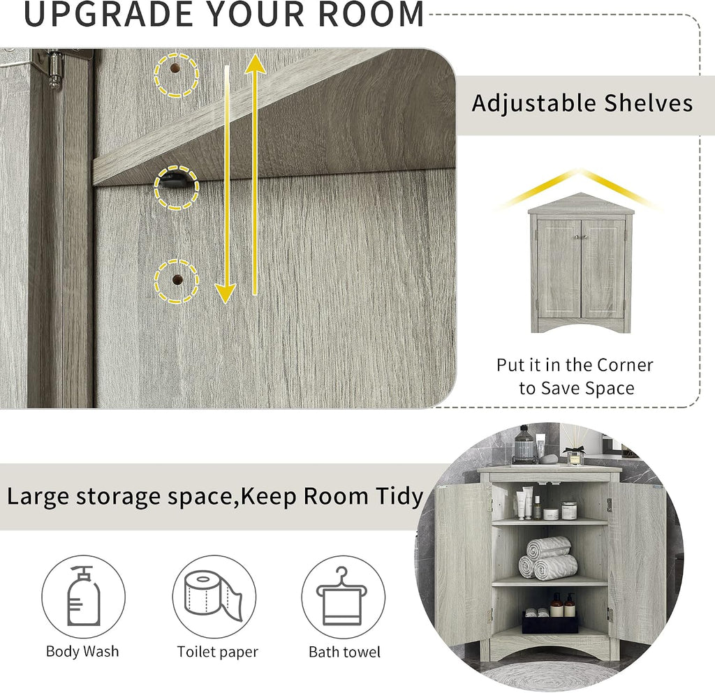 Knocbel 31.5' Height Corner Floor Storage Cabinet with Brushed Nickel Knobs, 2 Doors and Adjustable Shelves, Bathroom Pantry Corridor Free Standing Triangle Organizer Unit (Oak)