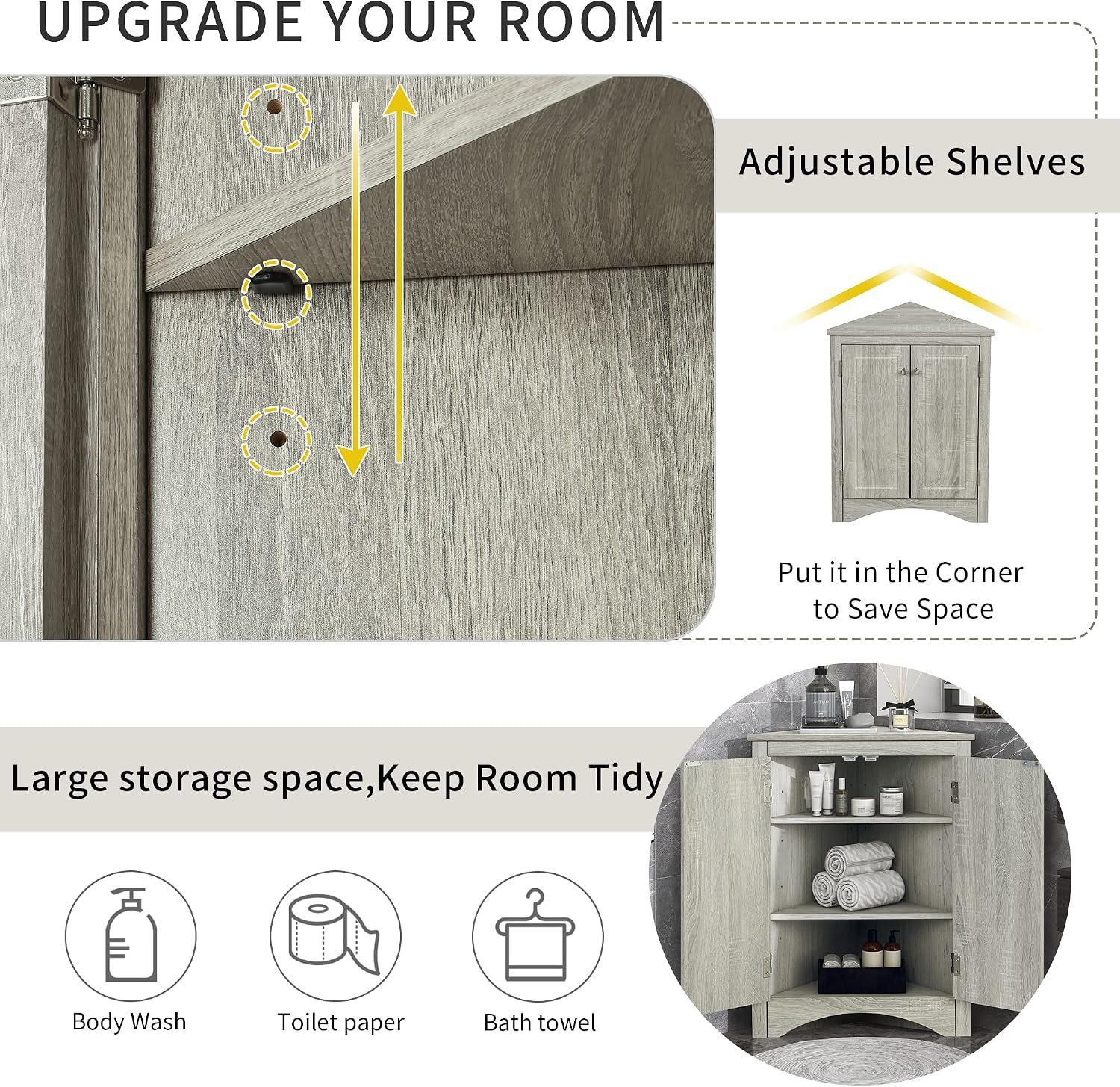 Knocbel 31.5' Height Corner Floor Storage Cabinet with Brushed Nickel Knobs, 2 Doors and Adjustable Shelves, Bathroom Pantry Corridor Free Standing Triangle Organizer Unit (Oak)