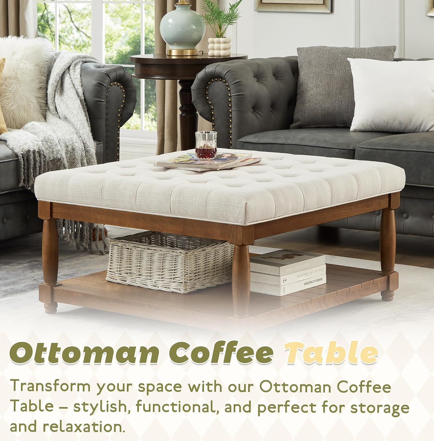 Ottoman Coffee Table, Upholstered Square Coffee Table with Storage Solid Wood Shelf, Linen Large Footrest Ottoman Pouf for Living Room, Ivory