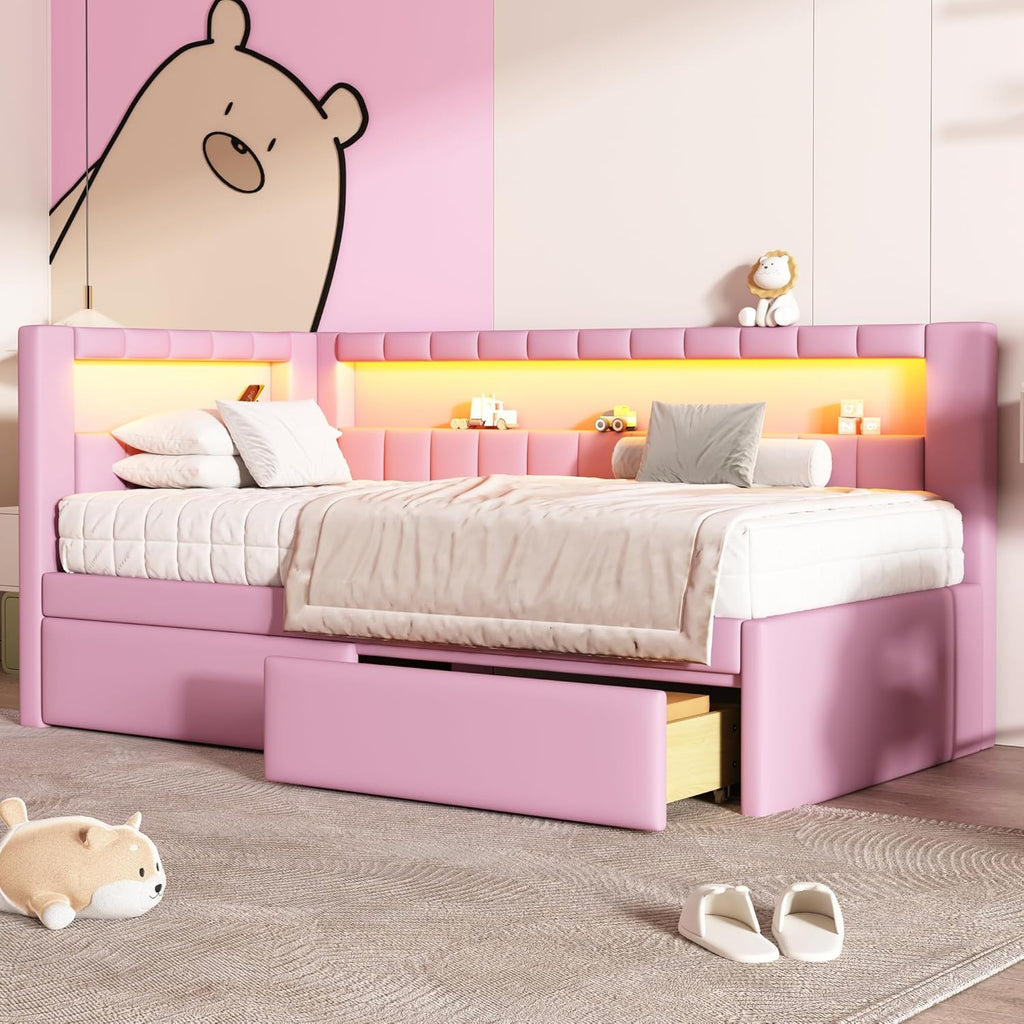 Twin Size Upholstered Daybed with Storage Drawers and LED, USB-Ports, L-Shaped Corner Unit Sofa Day Bed Frame with Storage Bookshelf, Girls, Kids, Adults, Boys, Pink