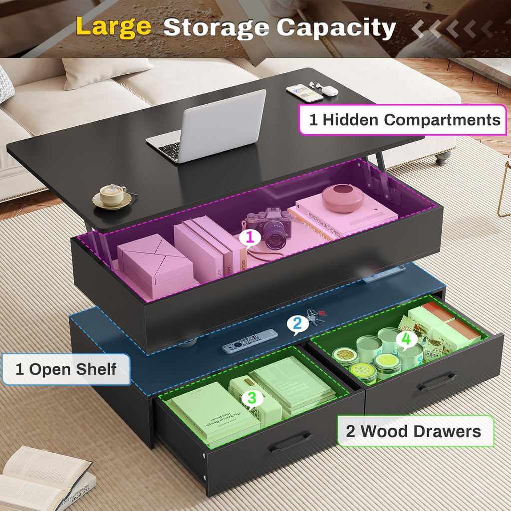 SEDETA 40' Lift Top Coffee Table, Coffee Tables with Storage for Living Room, Small Coffee Table with 2 Drawers & LED Light for Dining Reception Room, Black