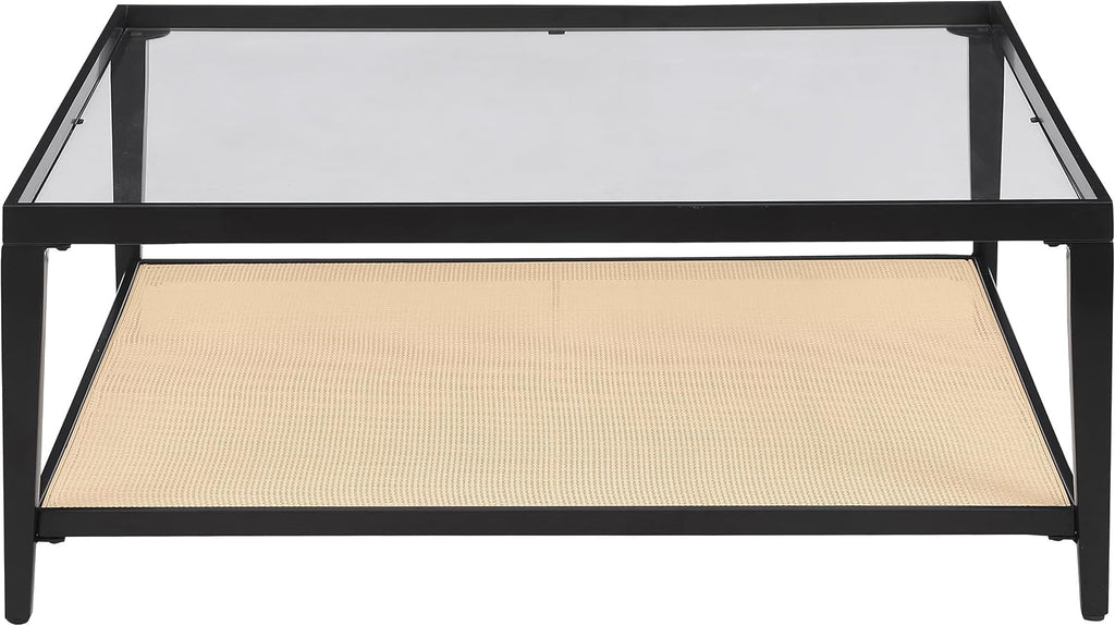 Coaster Home Furnishings - Amherst - Square Coffee Table with Glass Top, Black Metal Frame with Rattan Lower Shelf - Living Room - 40-Inch - Black - 710658