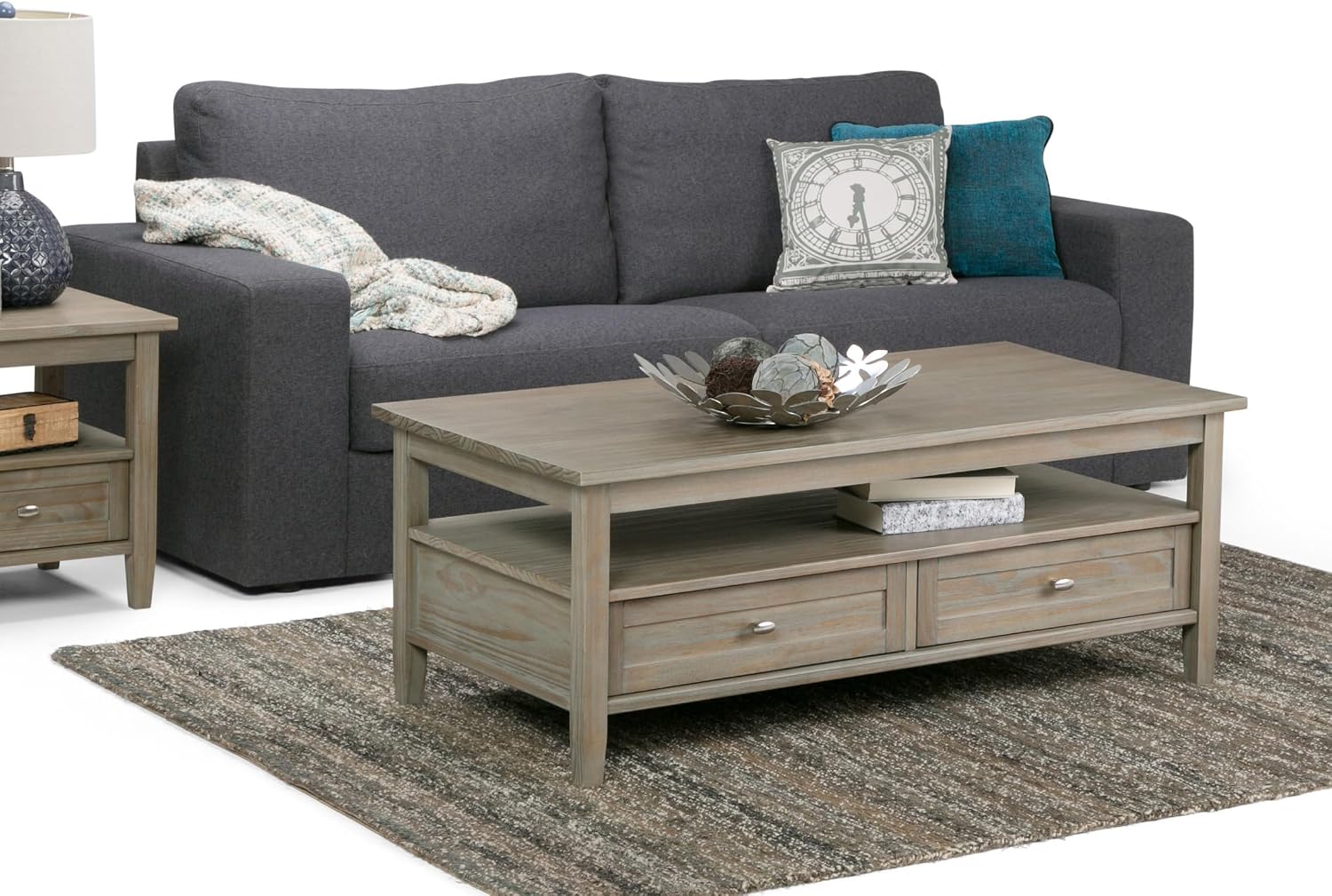 SIMPLIHOME Warm Shaker Coffee Table - 48 inch Wide Solid Wood Coffee Table in Distressed Grey, Transitional Living Room Table with 2 Drawers, Open Shelf, Shaker Fronts and Tapered Legs