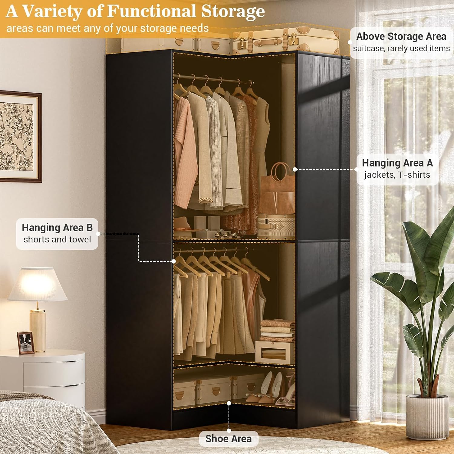 Homieasy Corner Closet System Modular with Upper & Lower Hanging Areas and Shoe Shelf, Corner Wardrobe Organizer, Easy Assembly, Anti-Tip Design, Perfect for Bedroom or Walk-In Closet, Black1