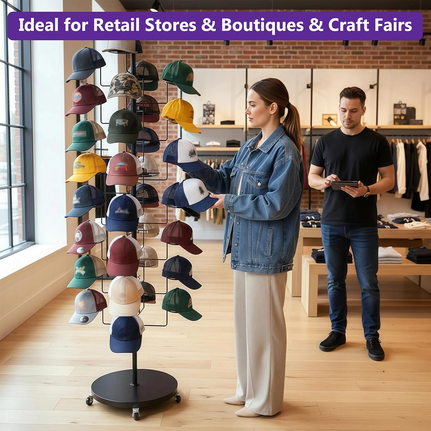 Metal Hats Display Rack with 30 Adjustable Hooks Floor Hat Rack Stand Hat Rack Display for Home Retail Store Hat Organizer Rack for Wig Cap(Black)