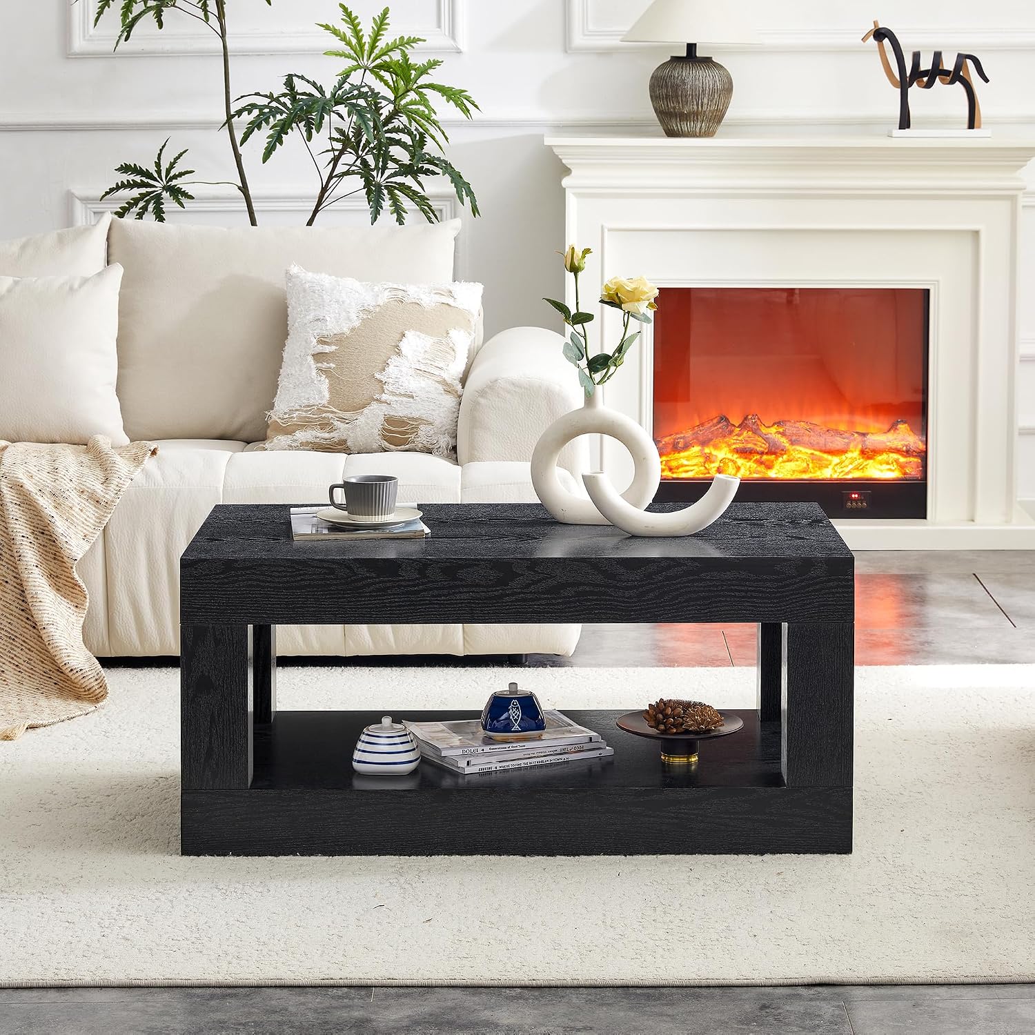 39.4' Black Coffee Table with Storage, 2-Tier Wood Coffee Table with 4' Thick Tabletop, Mid Century Modern Cocktail Center Tea Tables with Bottom Shelf for Living Room, Office, Apartment