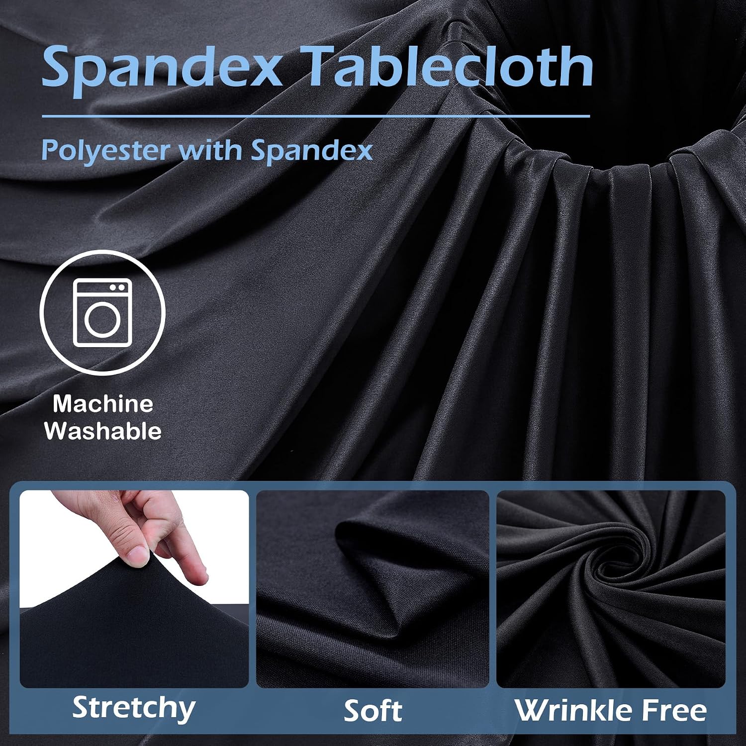 8 pk Black Spandex Round Tablecloths 60 inch with Ruffled Skirt, Wrinkle Free High-Stretch 120 inch Table Cloth Fitted 5ft Round Elastic Spandex Table Covers for Party Graduation Banquet Dinning