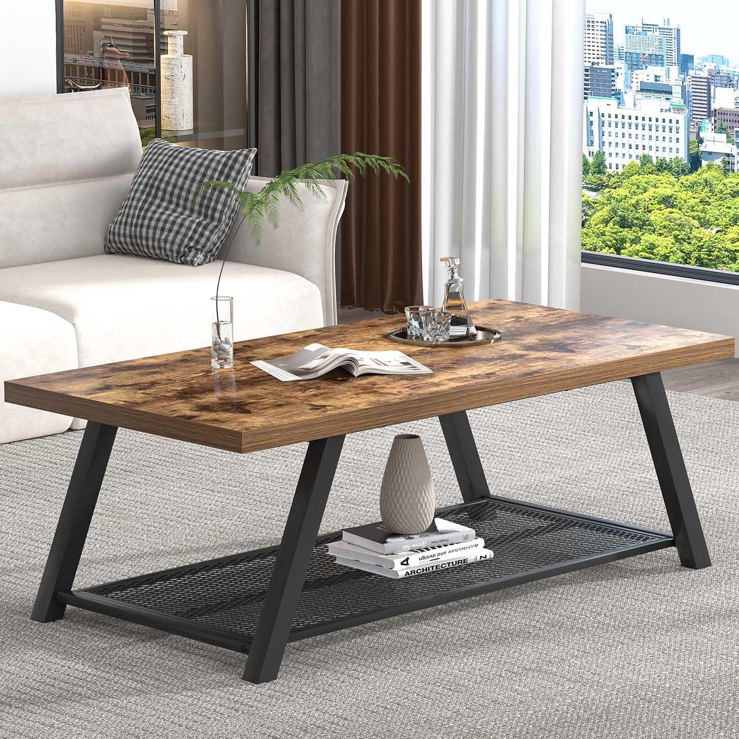 FOLUBAN Modern Coffee Table, Wood and Metal Coffee Tables for Living Room with Storage Shelf, Industrial Rectangle Cocktail Tea Table, Rustic Brown, 47 Inch