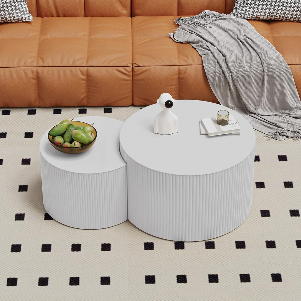 Round Coffee Table Set of 2 Modern Nesting Coffee Tables Wooden Drum Coffee Tables with Non-Slip Feet, Circle Nesting Tables End Table for Living Room Office, No Assembly (Cream 18.9'+14.96')