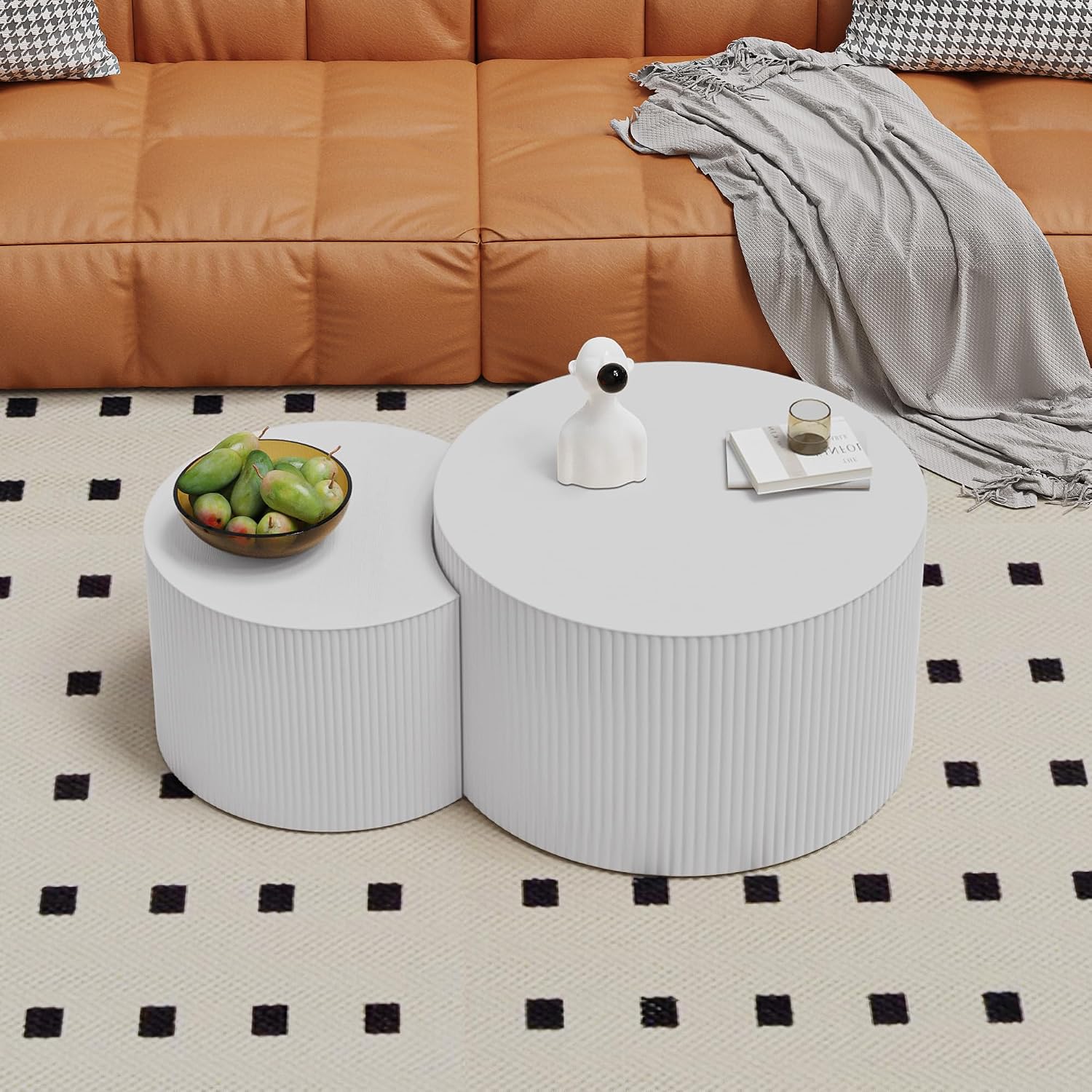 Round Coffee Table Set of 2 Modern Nesting Coffee Tables Wooden Drum Coffee Tables with Non-Slip Feet, Circle Nesting Tables End Table for Living Room Office, No Assembly (Cream 18.9'+14.96')
